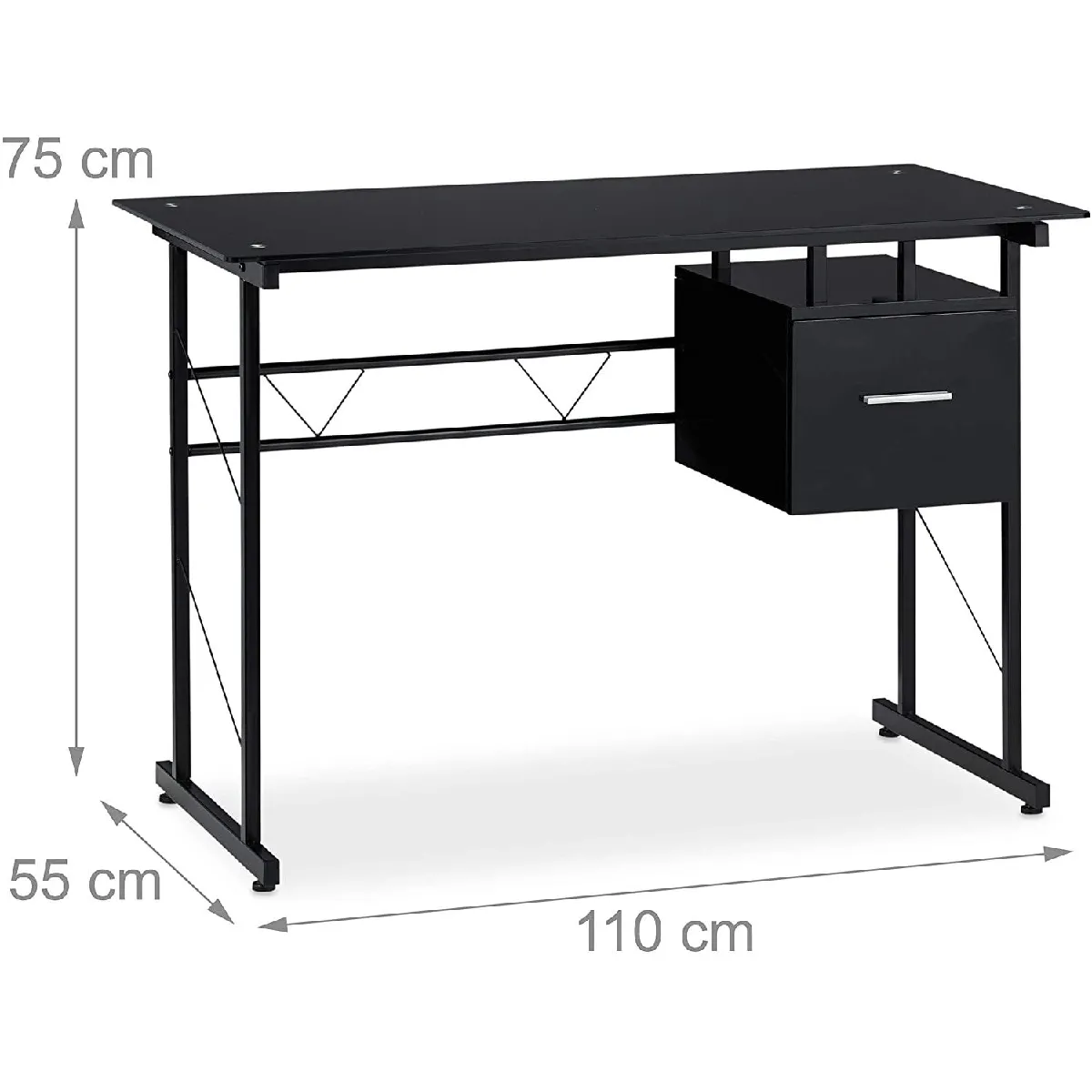 Bureau moderne avec plaque de verre tiroir latéral pour chambre d’ado 110 cm noir 13_0000560_2