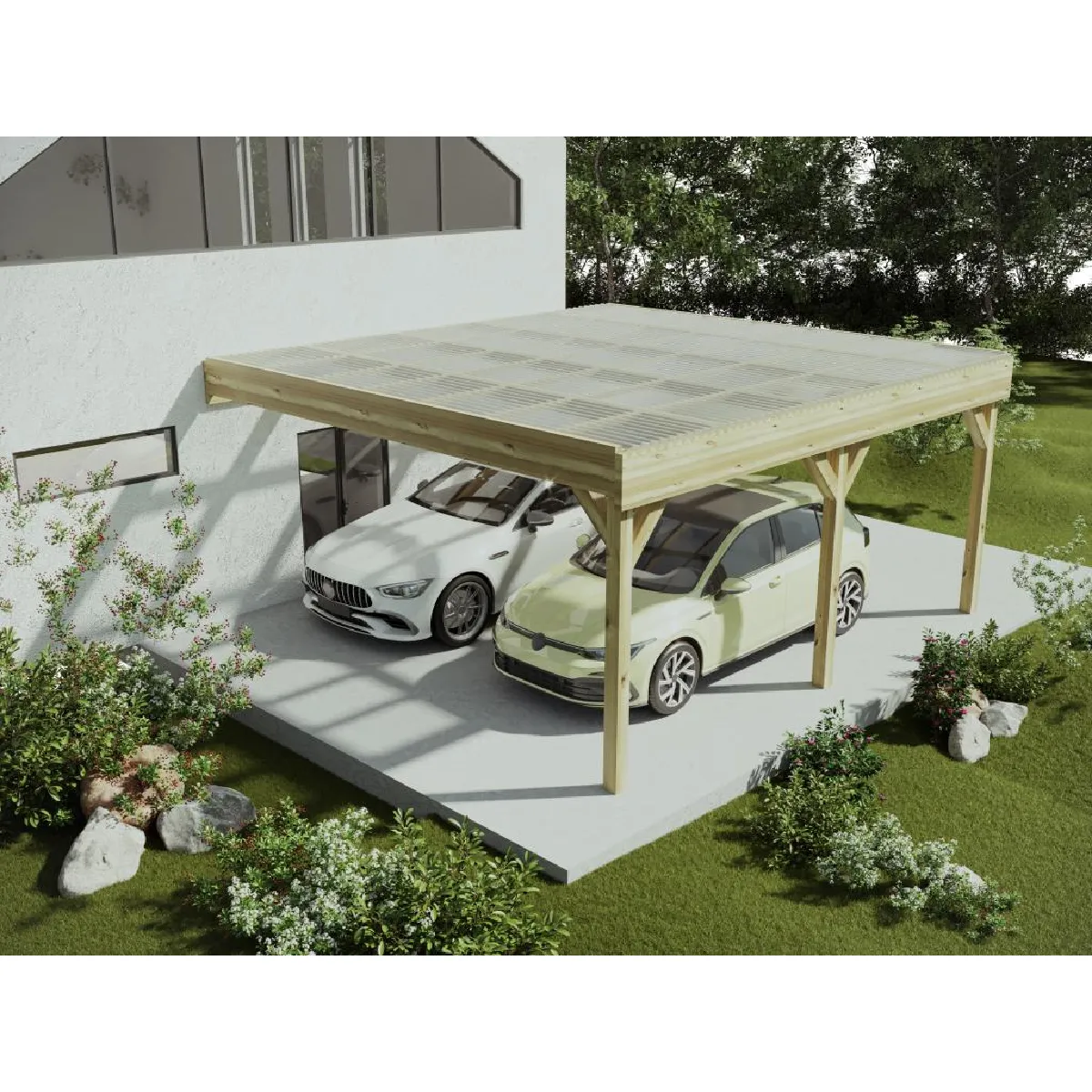 Carport pergola double adossé en bois traité - avec toit en PVC - 2 voitures - 29,3 m² - ARTEMIDA de Expertland