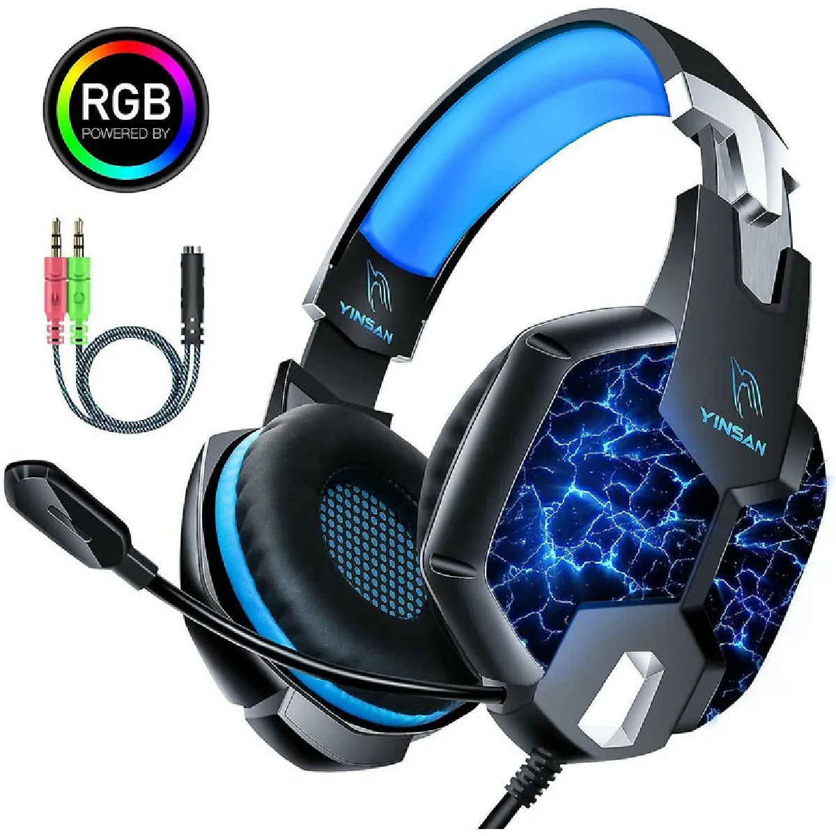 Casque PS4 Gaming, Casque Gamer Xbox One avec Micro Anti Bruit Casque Gaming RGB LED Lampe Stéréo Basse Microphone Réglable avec Micro 3.5mm Jack pour PC Laptop Tablette Smartphone