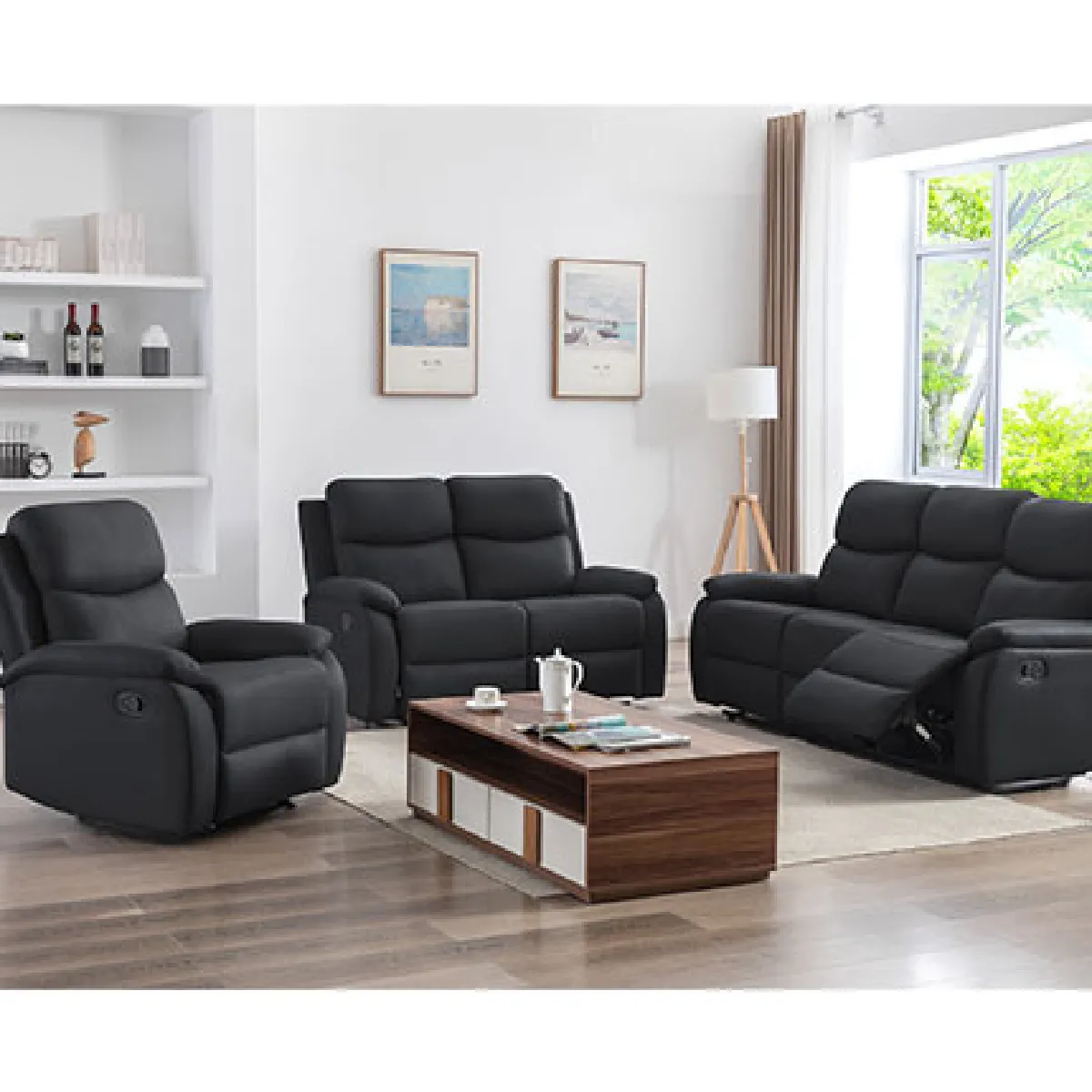 Ensemble 2 canapés + fauteuil relax manuel en PU noir - ZOLARA