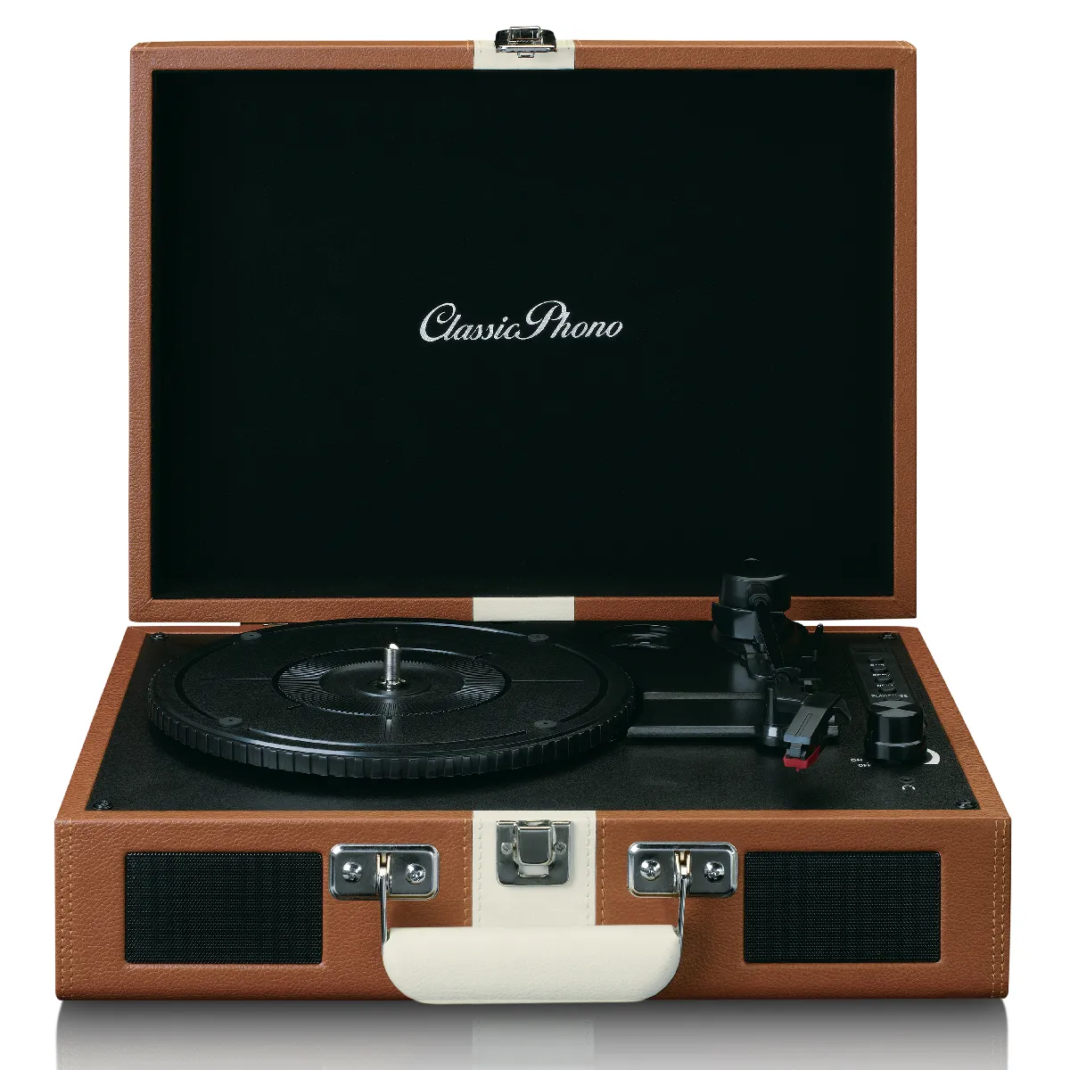 Platine vinyle avec Bluetooth®, haut-parleurs intégrés et batterie rechargeable intégrée TT-120BNWH Marron-Blanc