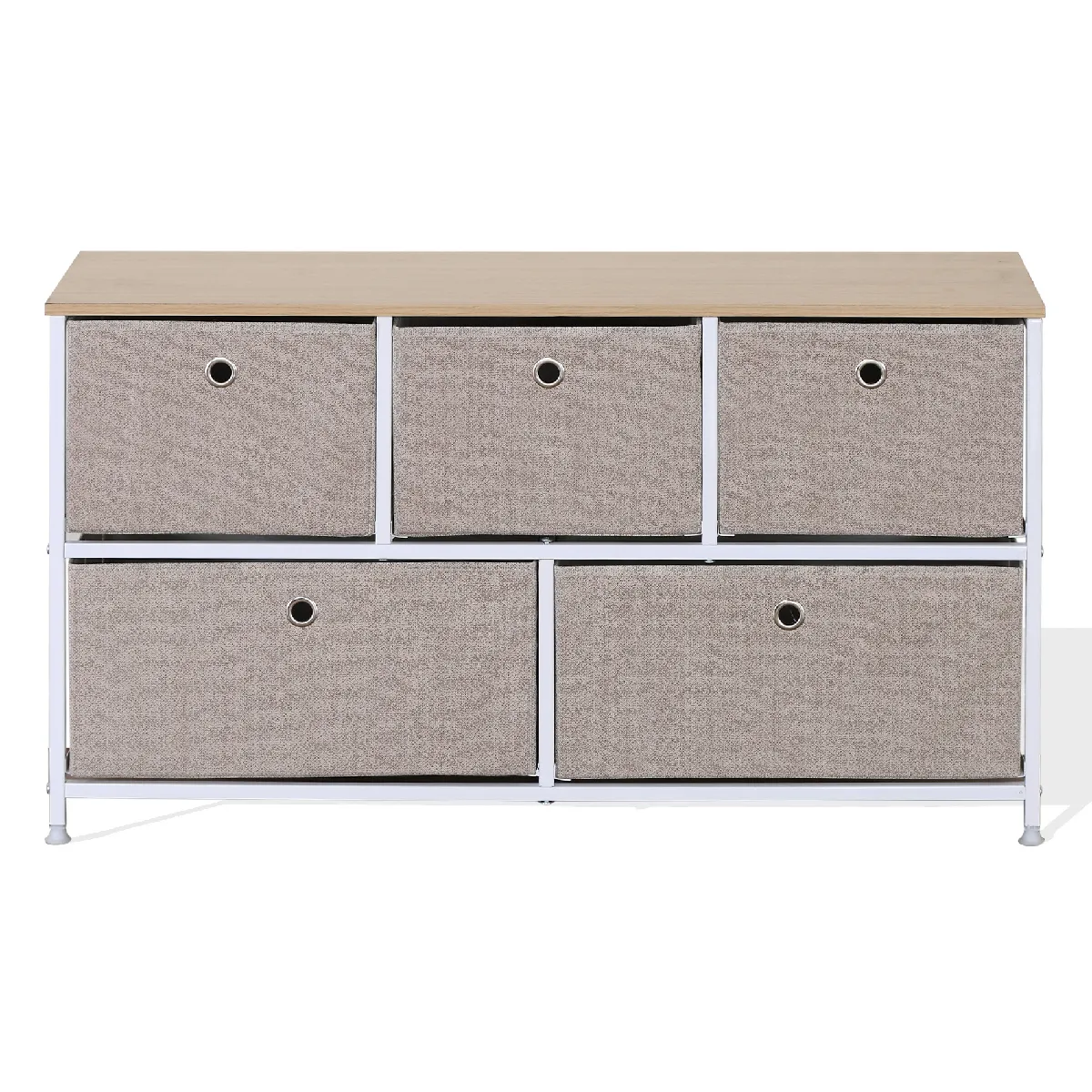 Meuble De Rangement Bas Chiffonier À 5 Tiroirs En Metal Et Tissu Blanc Beige