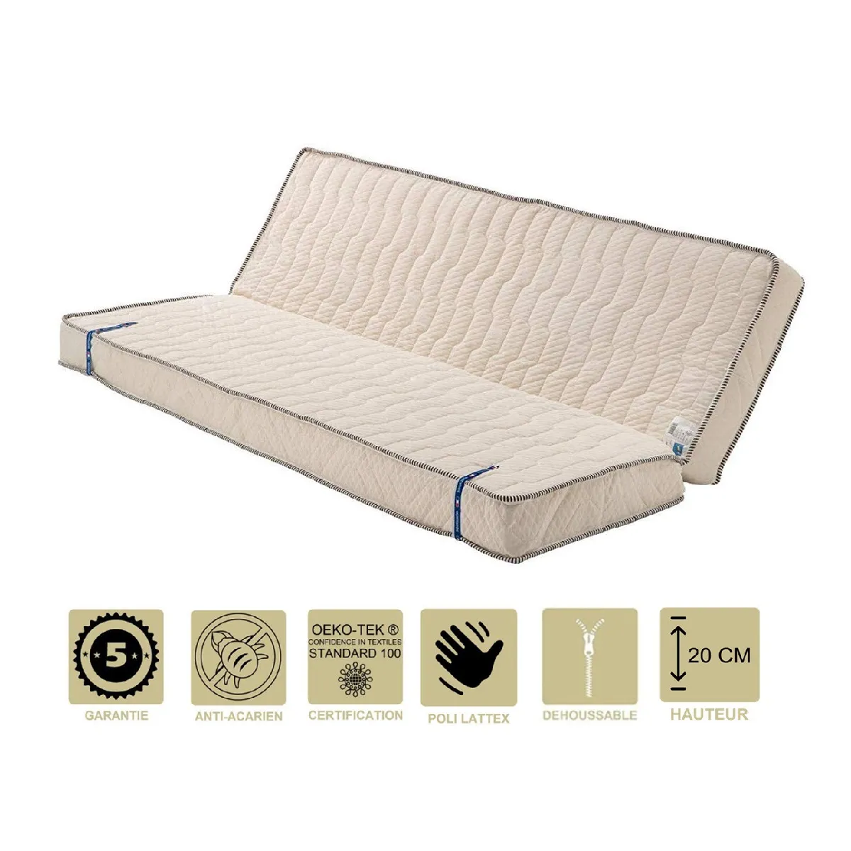 Matelas Très Ferme Pour Clic Clac + Alèse 140x200 20 cm - Dim Assise 70 cm - 7 zones de Confort - Déhoussable Housse Lavable - Noyau Mousse Poli Lattex Haute Résilience - Hypoallergénique