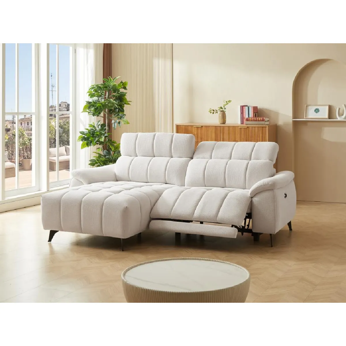 Canapé d'angle gauche relax électrique en tissu texturé beige CELTIMO