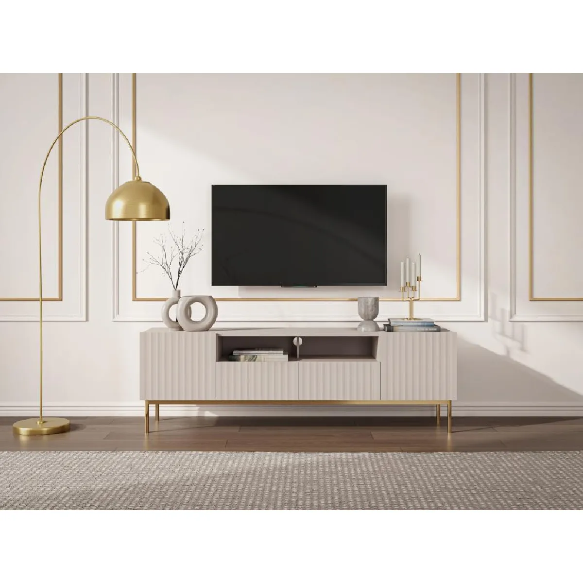 Meuble TV avec 2 portes, 2 tiroirs et 2 niches en MDF et acier - Beige et doré - EVILANA