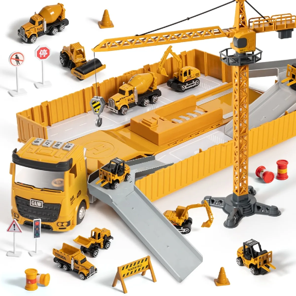 Véhicule de construction en alliage avec son et léger stationnement de voiture ensemble camion jouet garçon bulldozer excavatrice grue cadeau enfant(Jaune)