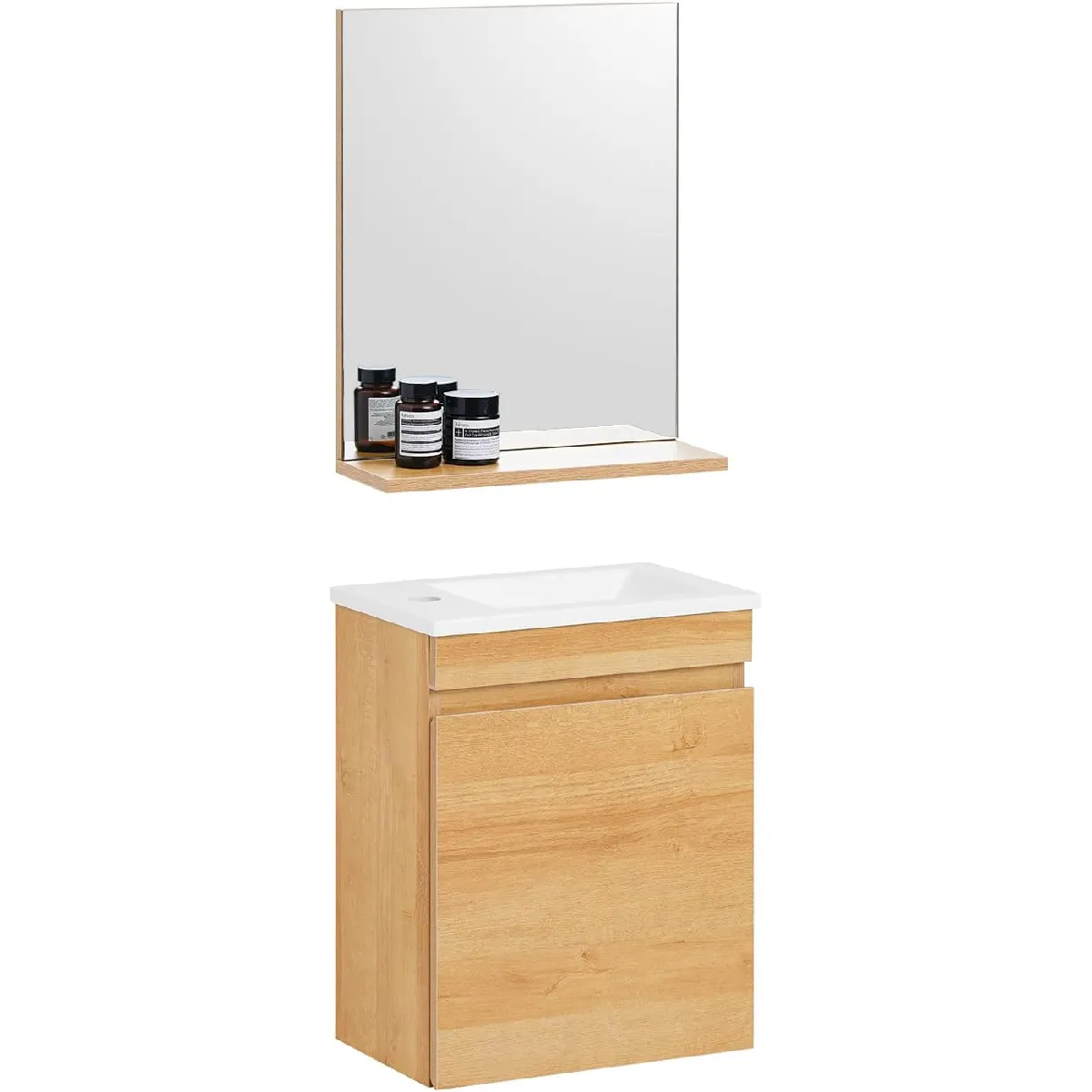 SoBuy Meuble Suspendu pour Lavabo avec Miroir Meuble sous Vasque avec Miroir Ensemble de Lavabo en céramique avec Miroir Meuble Lave-Mains avec Miroir, Couleur Bois, BZR169-SET