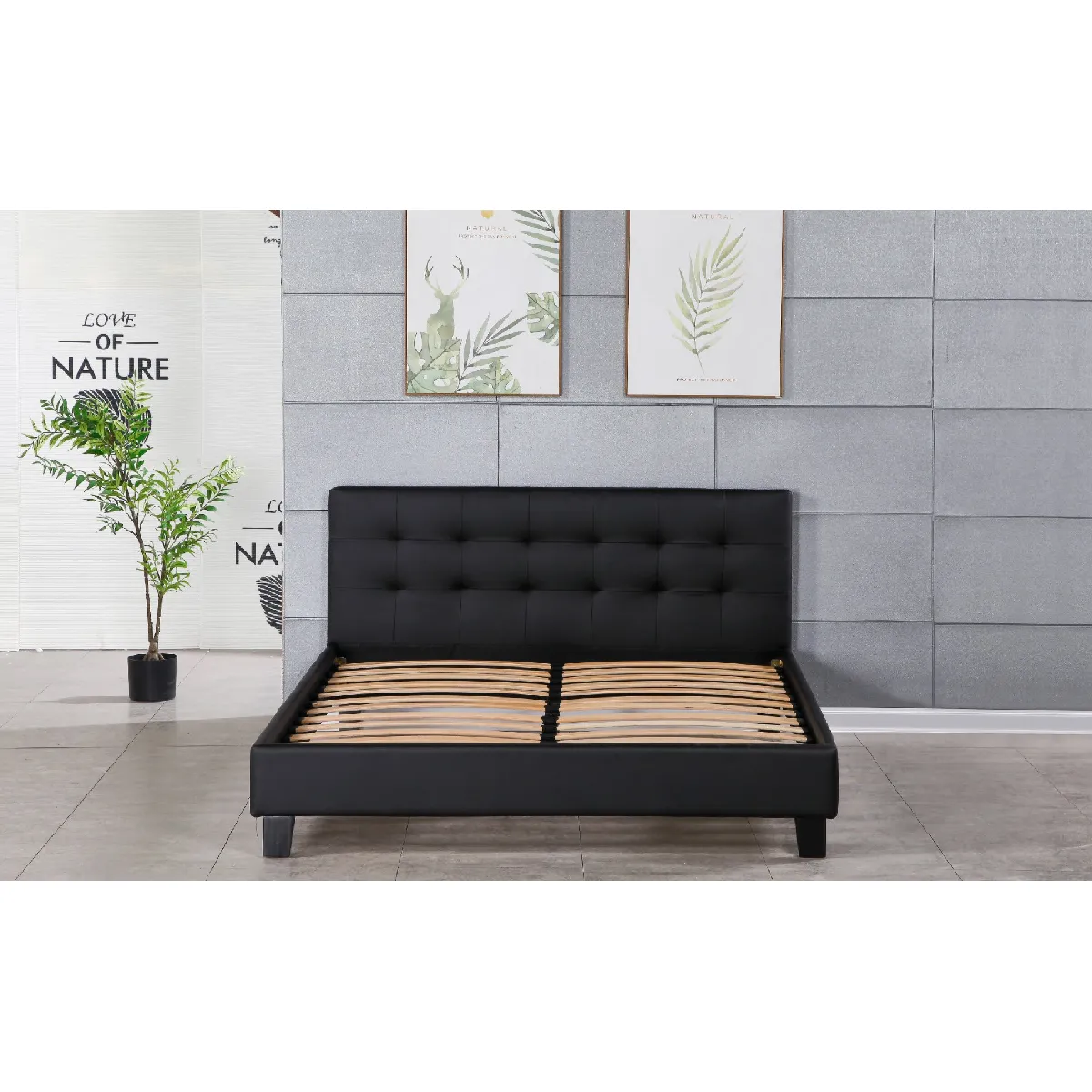 frederic - Solide et Confortable Lit avec Sommier + Tête de Lit Capitonnee Couleur NOIR + Pieds en 10 cm pour matelas en 140x190 - 2 x 13 Lattes - revetement PVC Simili facile d'entretien - Montage Rapide et Facile