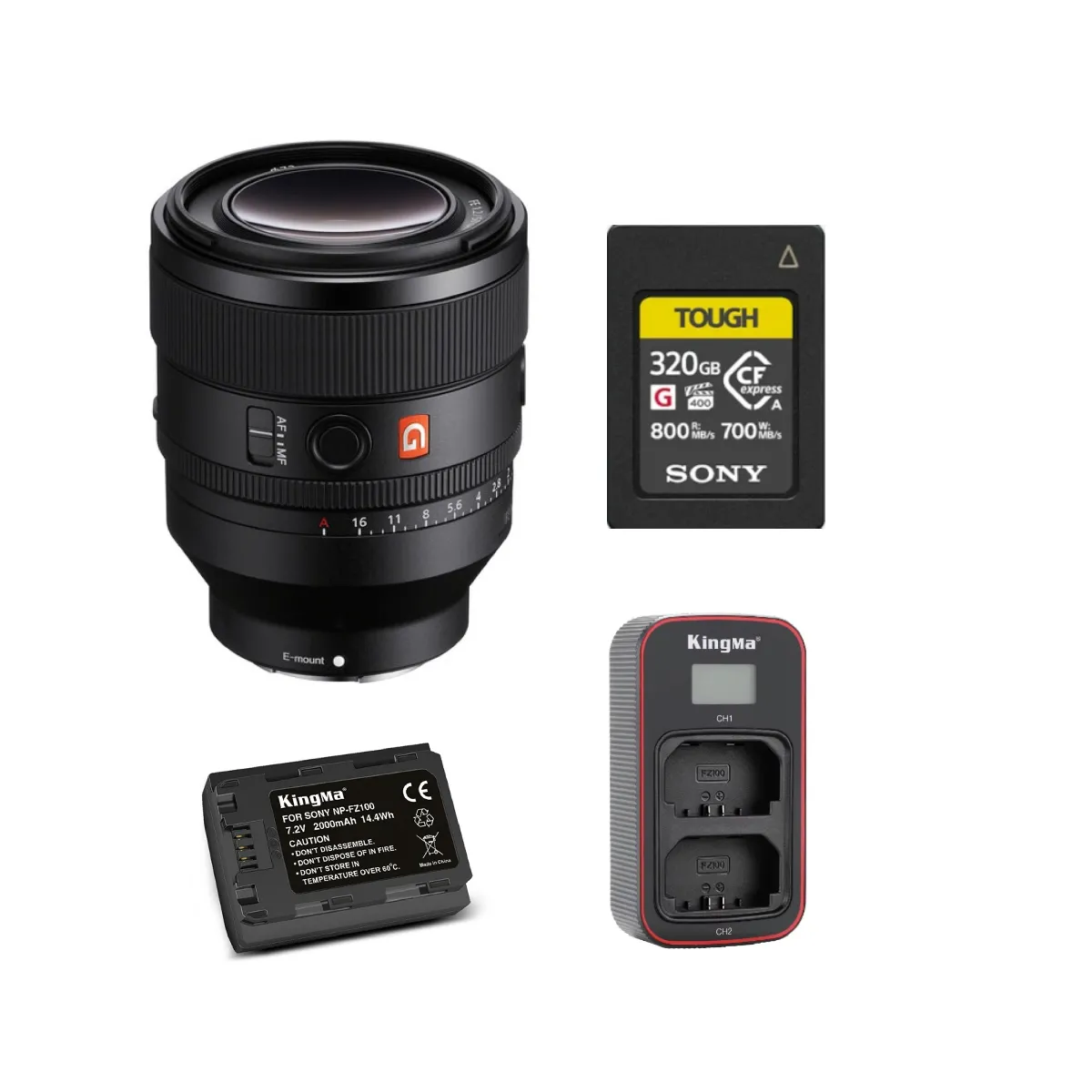 SONY FE 24-105 mm F4 G OSS Objectif + Sony CFexpress Type A TOUGH 320 Go carte mémoire+ Kingma 2000 mAh batterie(Sony NP-FZ100) + Kingma chargeur double USB LCD (Sony NP-FZ100)