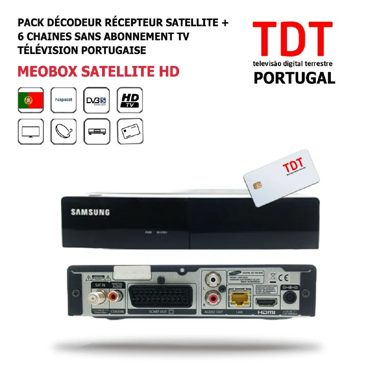 Pack Décodeur Récepteur Satellite MeoBox HD Télévision Portugaise Par SAT + 6 Chaines, HD, Sans Abonnement TV, Digitale