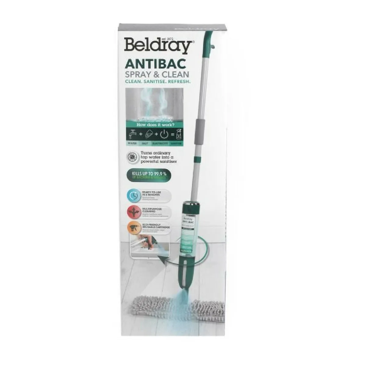 BELDRAY Antibac Spray + Clean Mop - Balai electrique avec spray - Bouteille deau reutilisable 400ml - Tampon de balai en microfi