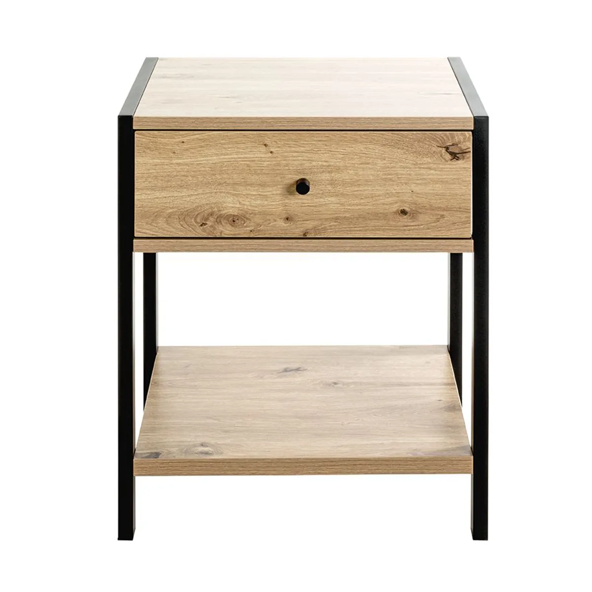 Console avec 1 tiroir en bois coloris chêne clair et métal coloris noir - longueur 48 x profondeur 43 x hauteur 60 cm