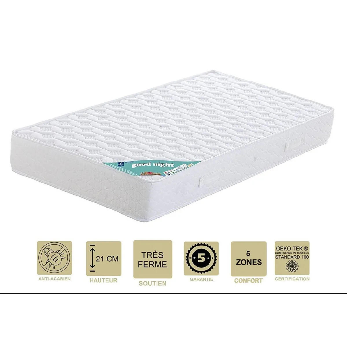 Matelas 180x200 x 21 cm + Alèse + Oreiller Visco - Très Ferme - Aertech+ 35 Kg/m3 HR Haute Densité - Hypoallergénique - 5 Zones de Confort