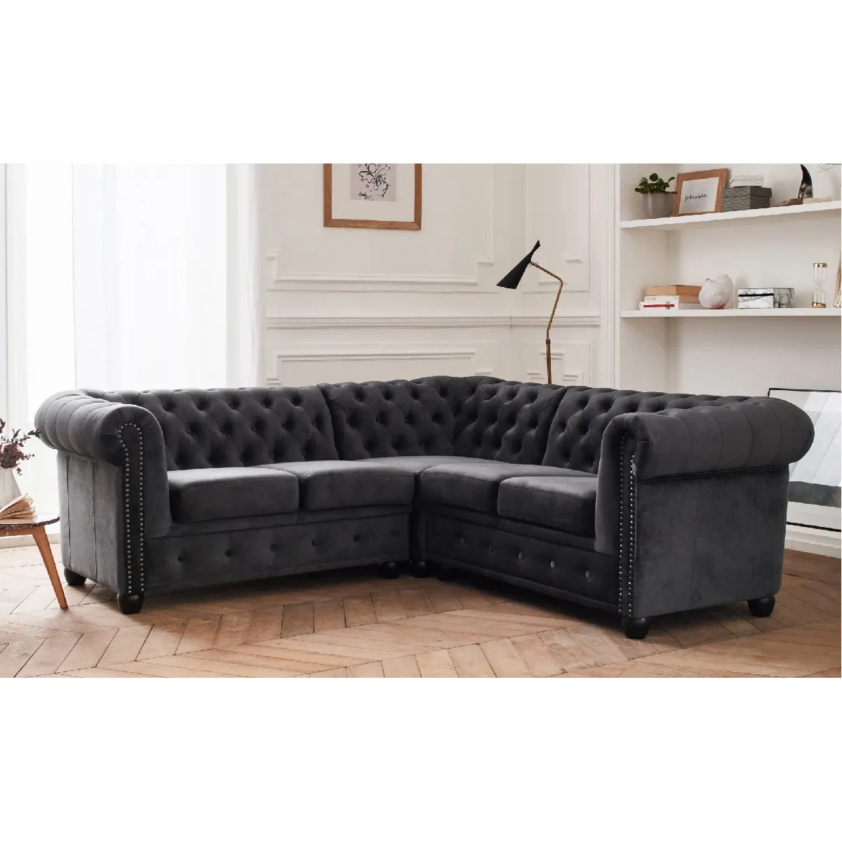 William - canapé Chesterfield d'angle réversible - 5 places - en velours