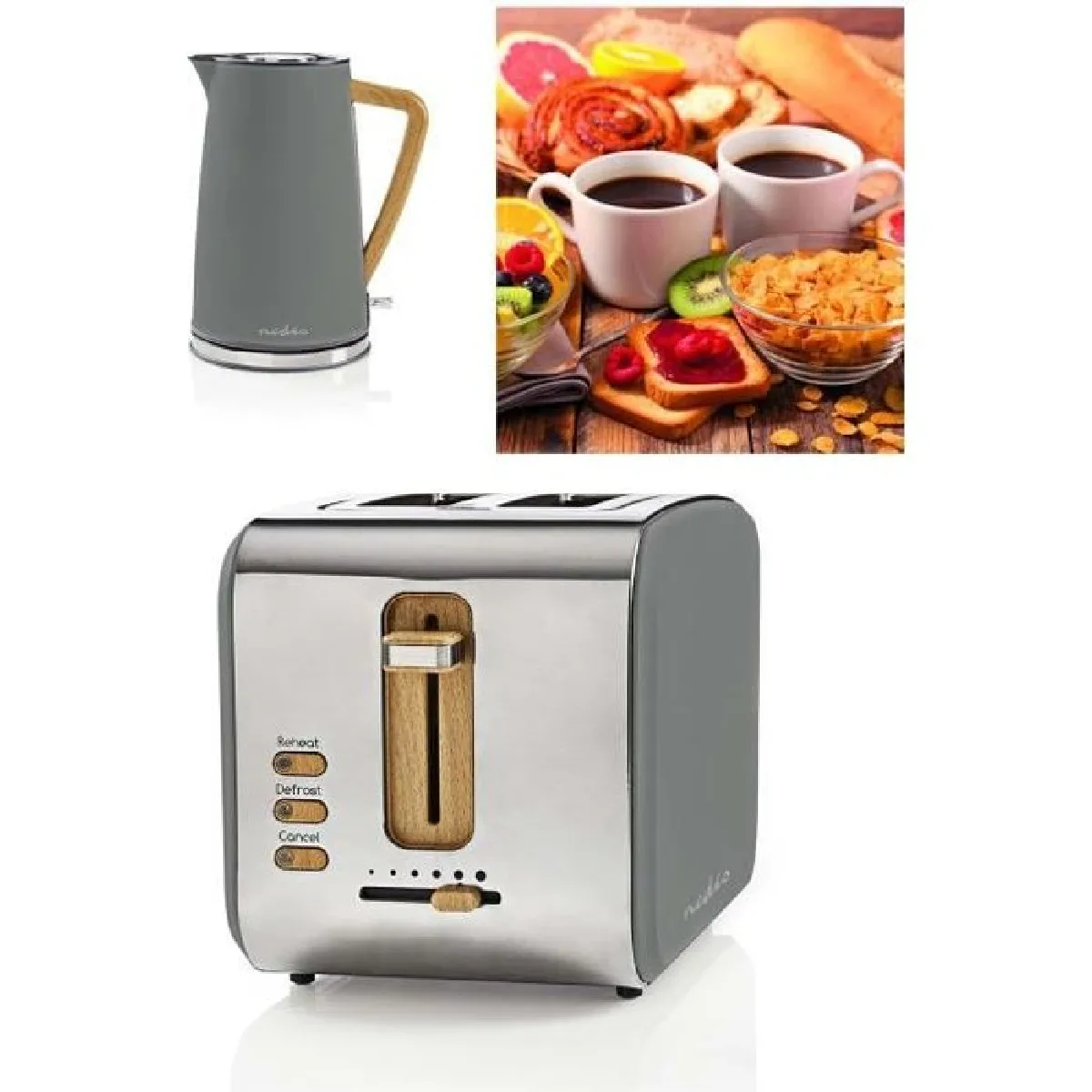 PACK Petit déjeuner Soft Touch Bouilloire GRIS 1.8L + Grille Pain Double GRIS 900w