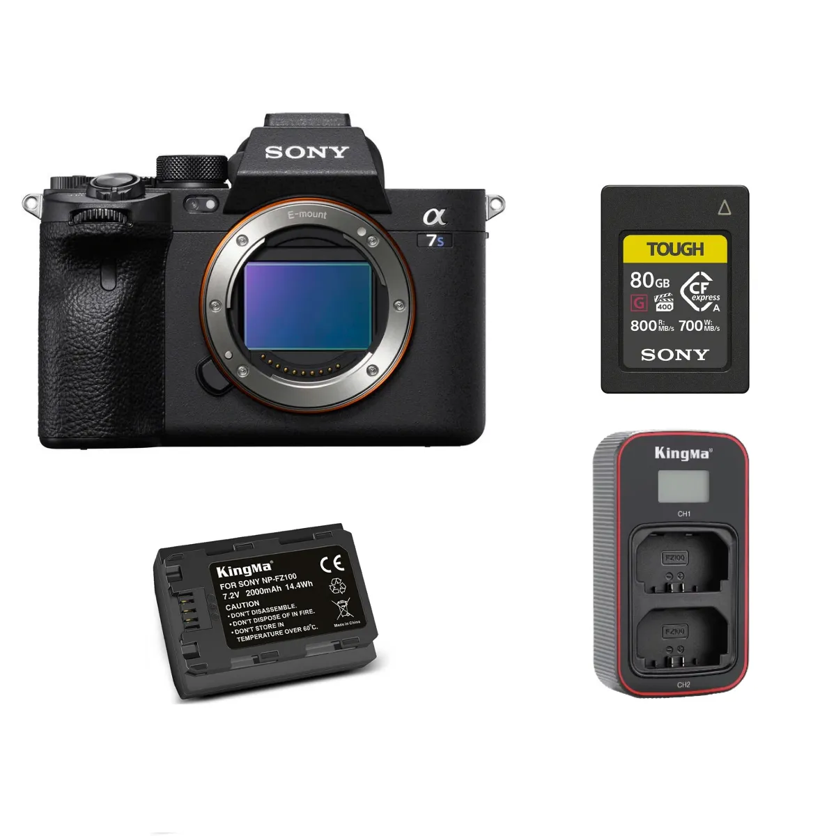 Sony Alpha A7S III Body (Multi-Language) +Sony 80GB CFexpress Type A TOUGH Memory Card+ Kingma 2000mAh Battery (Sony NP-FZ100)+ Kingma Sony NP-FZ100 LCD Dual USB charger