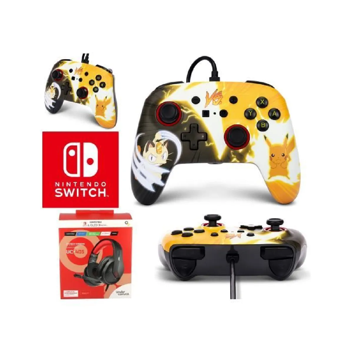 CASQUE SWITCH ROUGE NOIR + Manette filaire SWITCH Pokémon - Pikachu vs. Meowth Officielle Nintendo Câble USB détachable