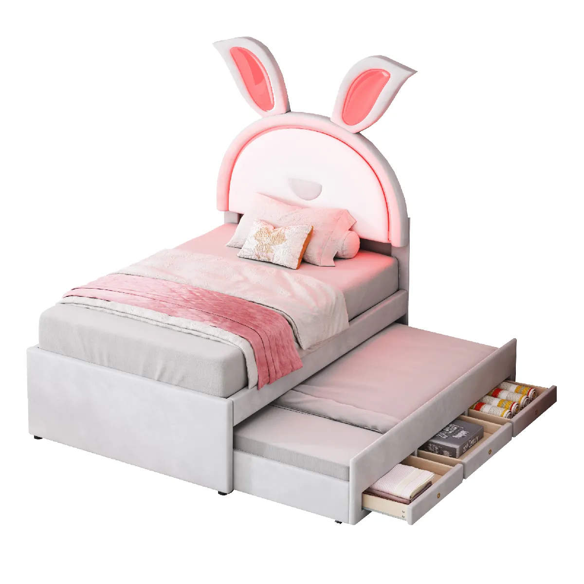 Lit simple rembourré pour enfant Rose 90 x 200 cm, tissu velours avec lit gigogne, tiroir de rangement et LED à changement de couleur