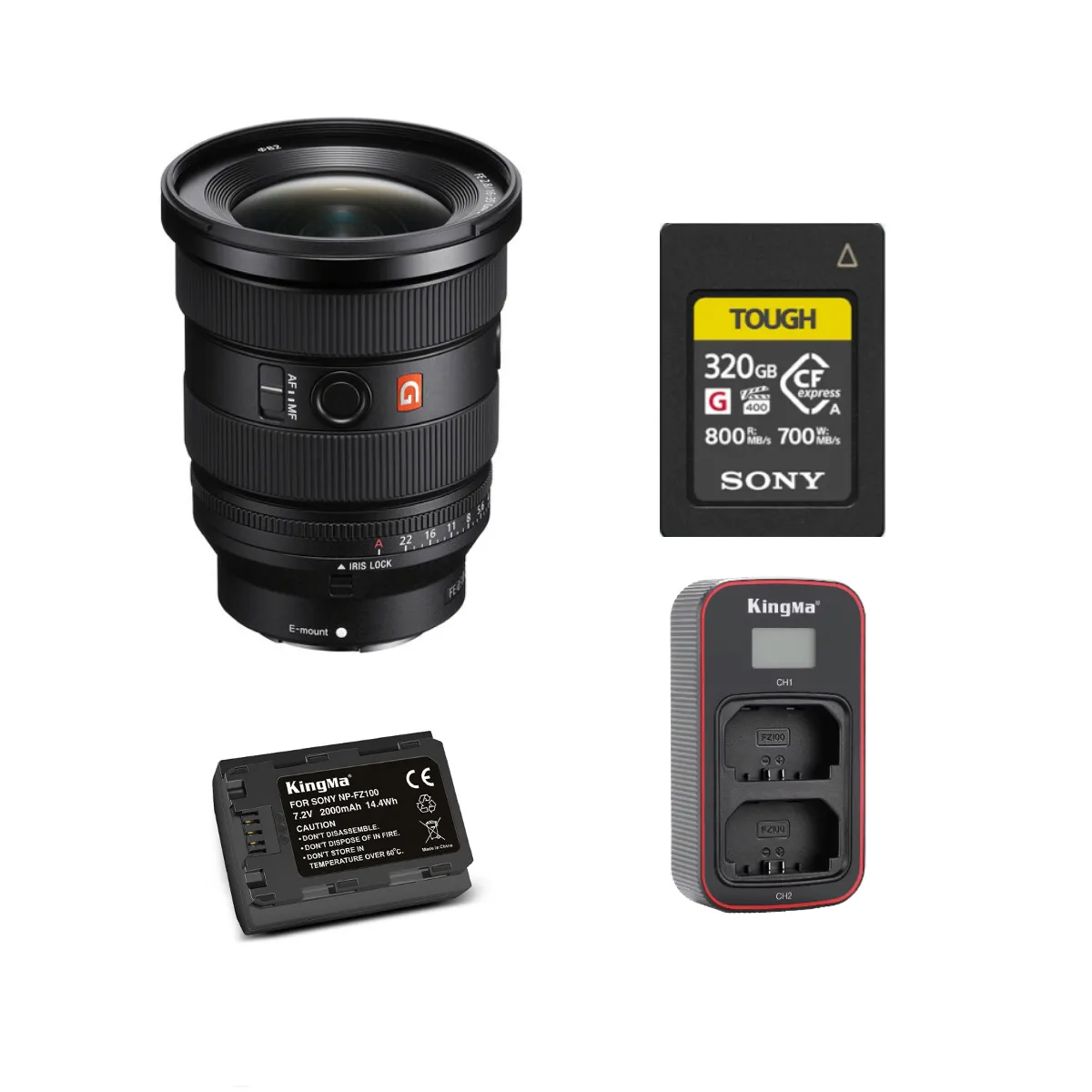 Sony FE 16-35mm f2.8 GM II (SEL1635GM2) +Sony 320GB CFexpress Type A TOUGH Memory Card+ Kingma 2000mAh Battery (Sony NP-FZ100) + Kingma Sony NP-FZ100 LCD Dual USB charger