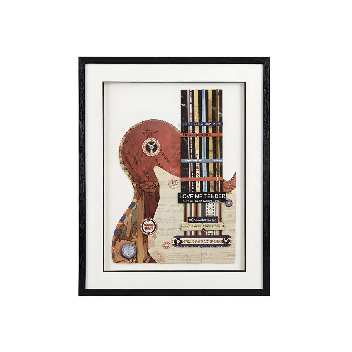 Tableau collage guitare effet 3D HERO avec cadre noir - 50 x 70 cm - Multicolore