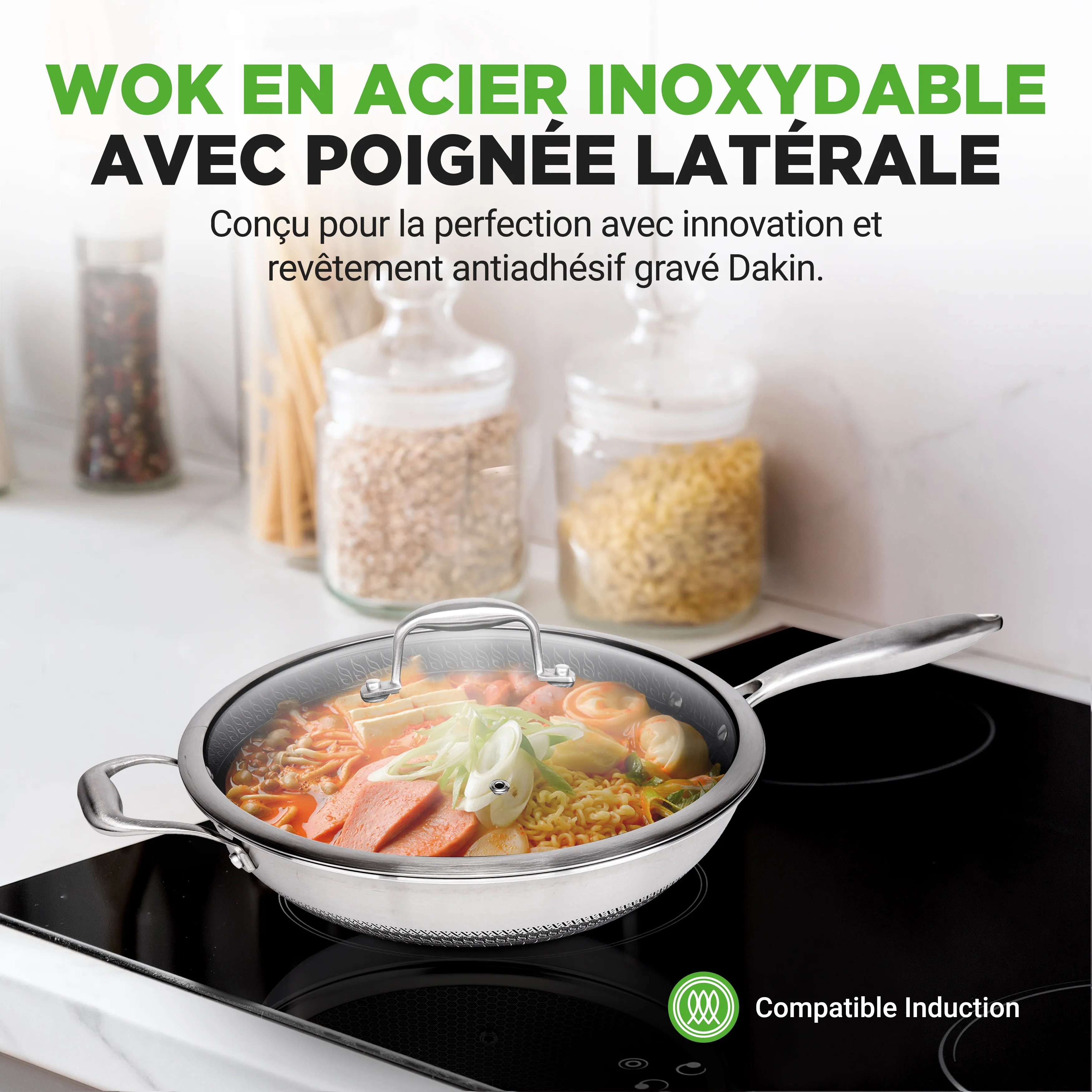 Wok Smeg CKFW3001RDM Rouge - Diamètre 30 Cm, Antiadhésif 3 Couches - Compatible Induction, Four