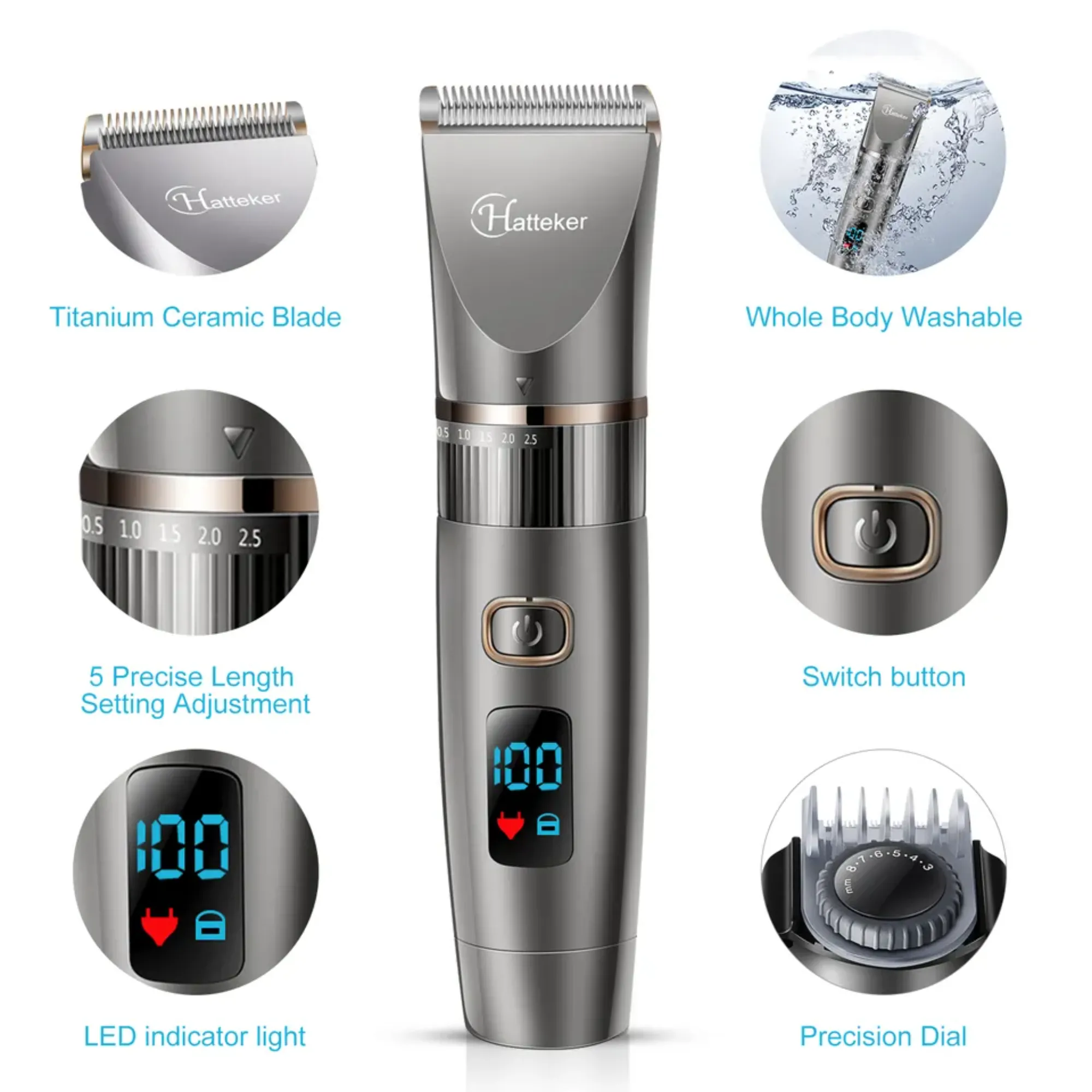 Tondeuse à Cheveux Étanche Hatteker - Lame En T, Sans Fil, Rechargeable - Argenté