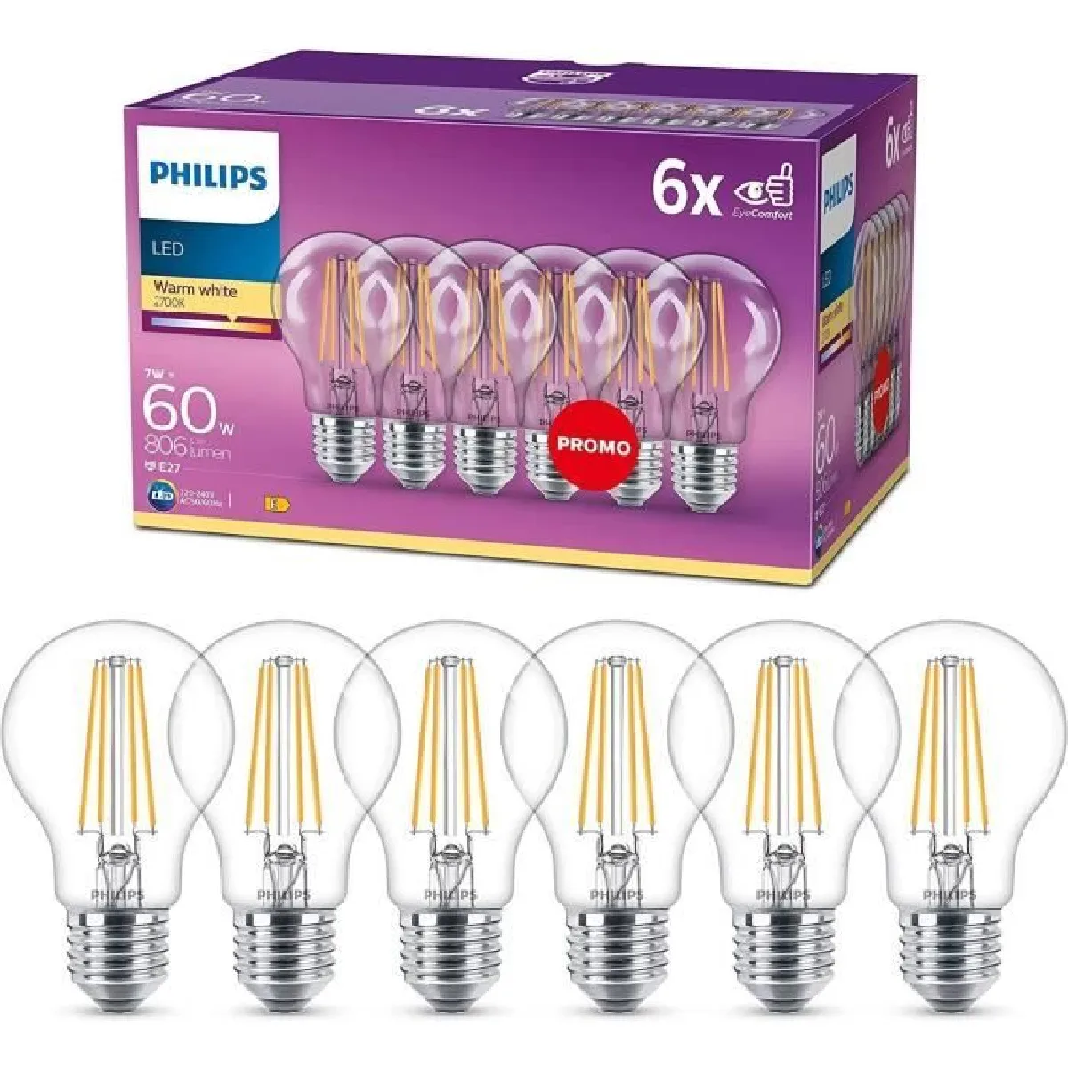 Philips pack 6 ampoules LED E27 – blanc chaud