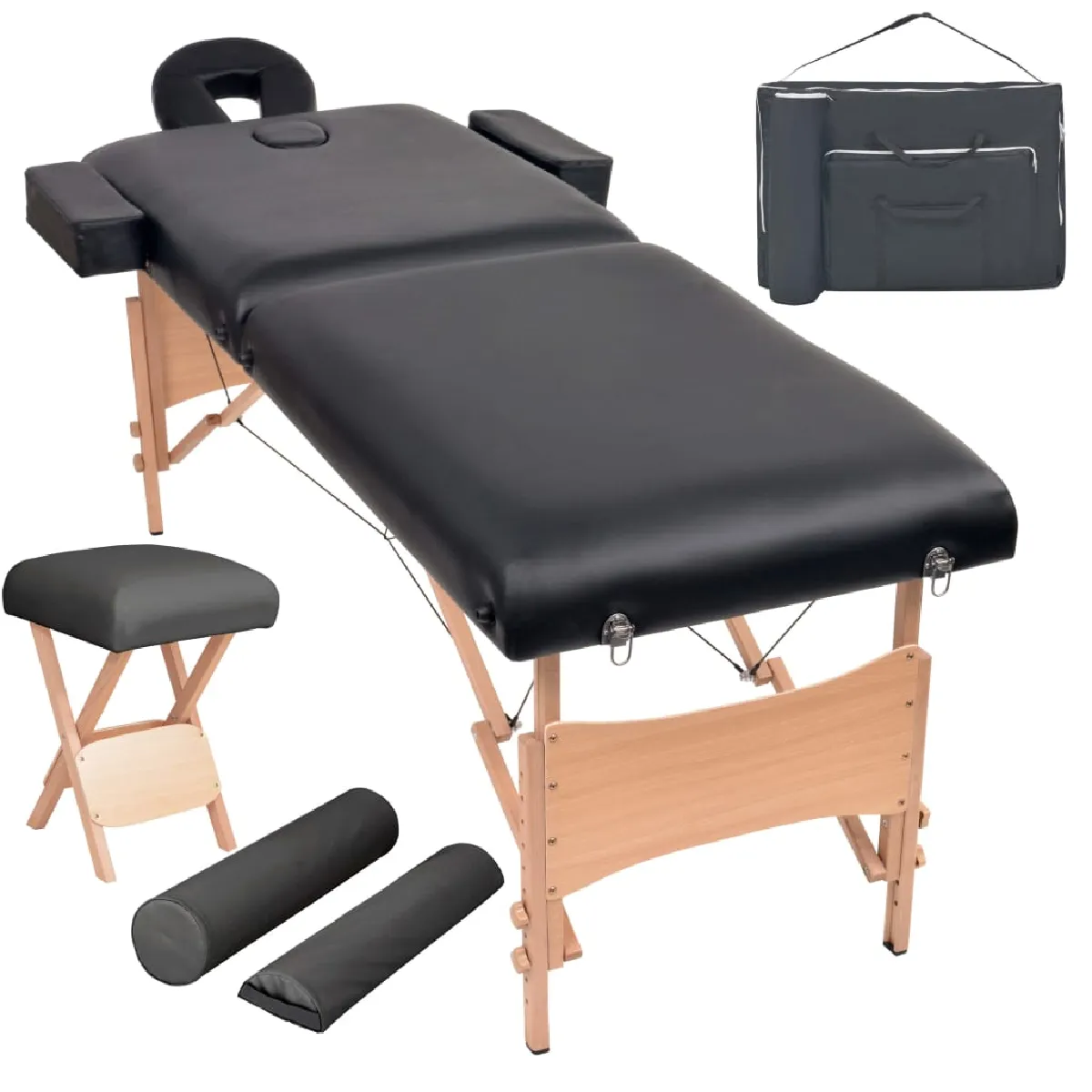 vidaXL Table de Massage Noire avec Tabouret