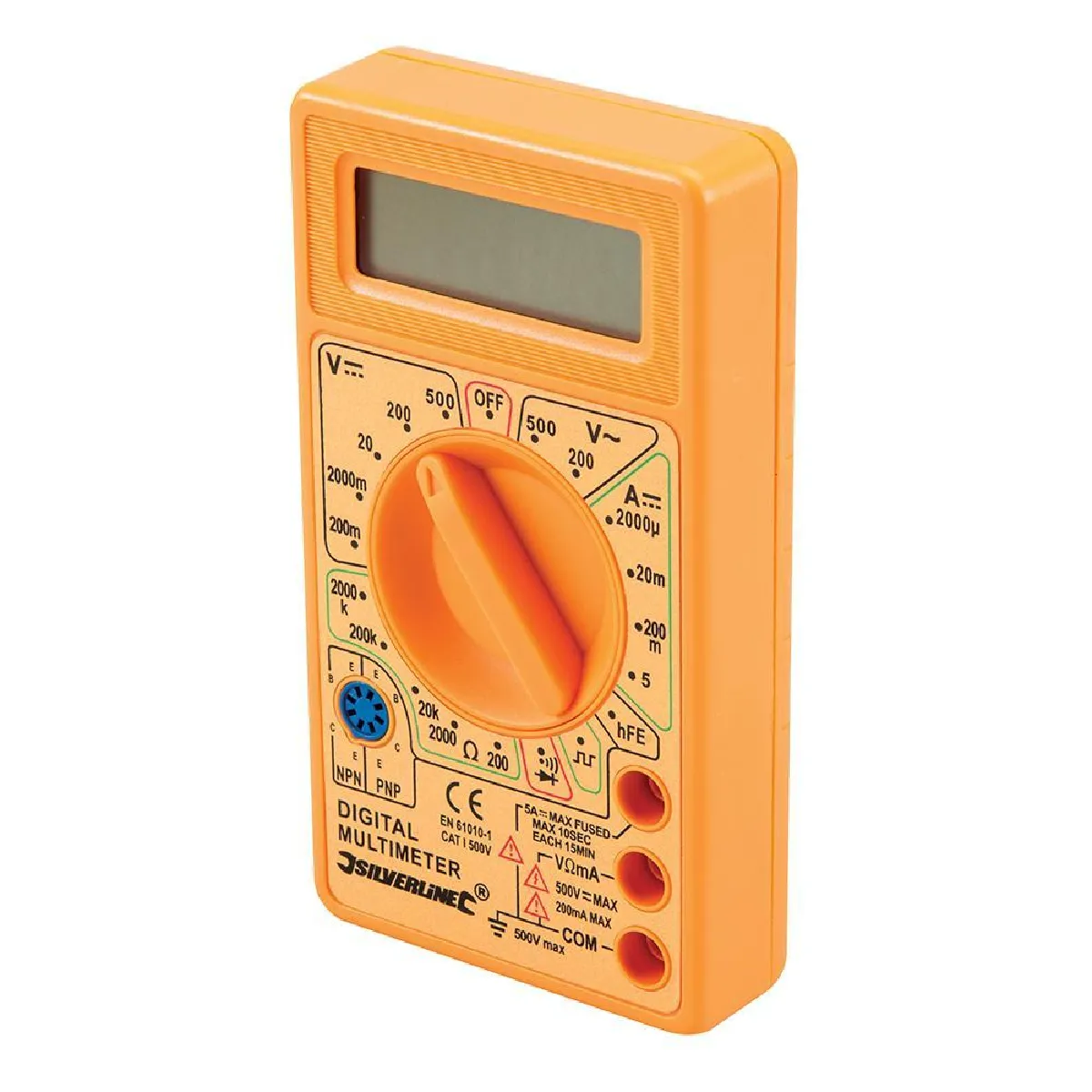 Silverline Multimètre Numérique - Portatif - Contrôle diodes NPN et PNP - Grand écran à cristaux liquides