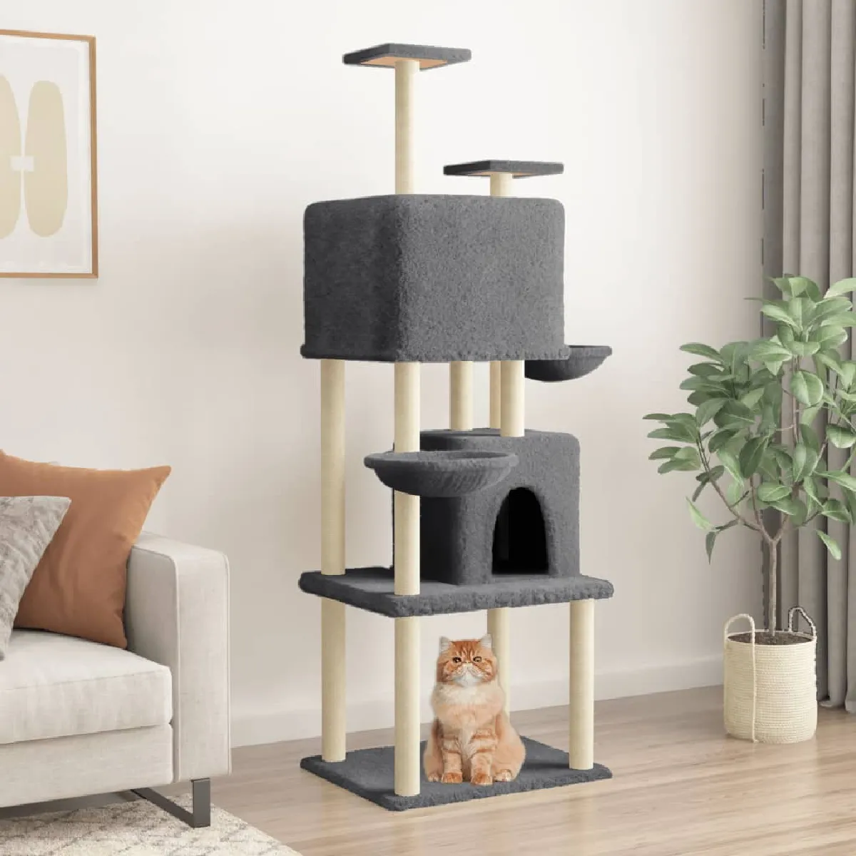 vidaXL Arbre à Chat avec Griffoirs en Sisal, Tour à Chat avec Plate-forme et Panier, Centre d'Activités pour Chaton, Arbre à Grimper Maison Intérieur, Gris Foncé 180 cm