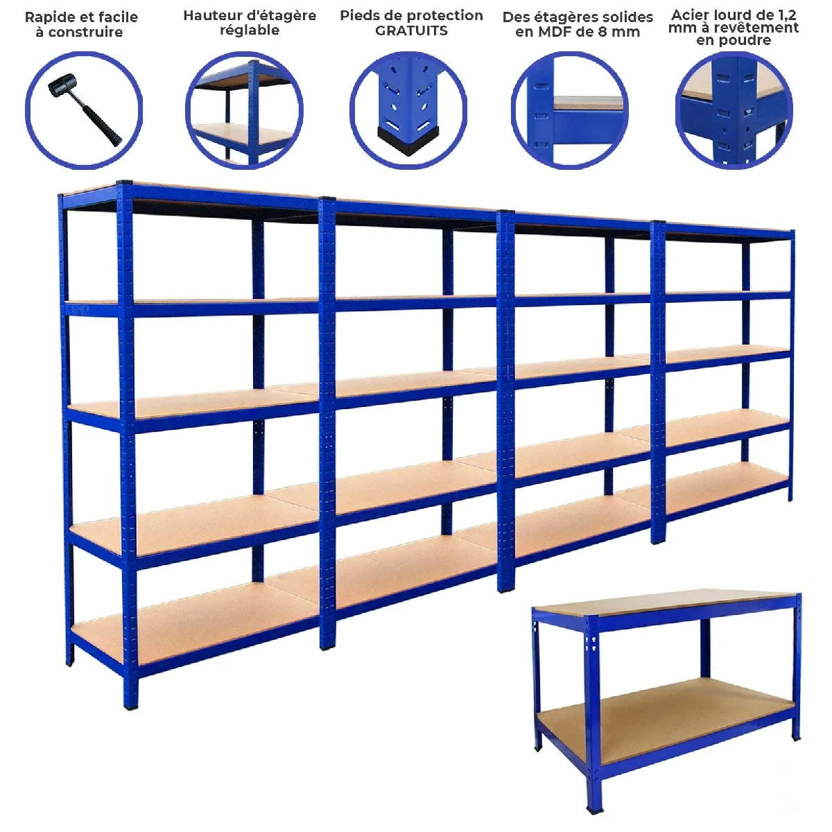 4 Etagères 1 Établi Bricolage Rangement Acier Sans Boulons Rayonnage Garage MDF - Image 4
