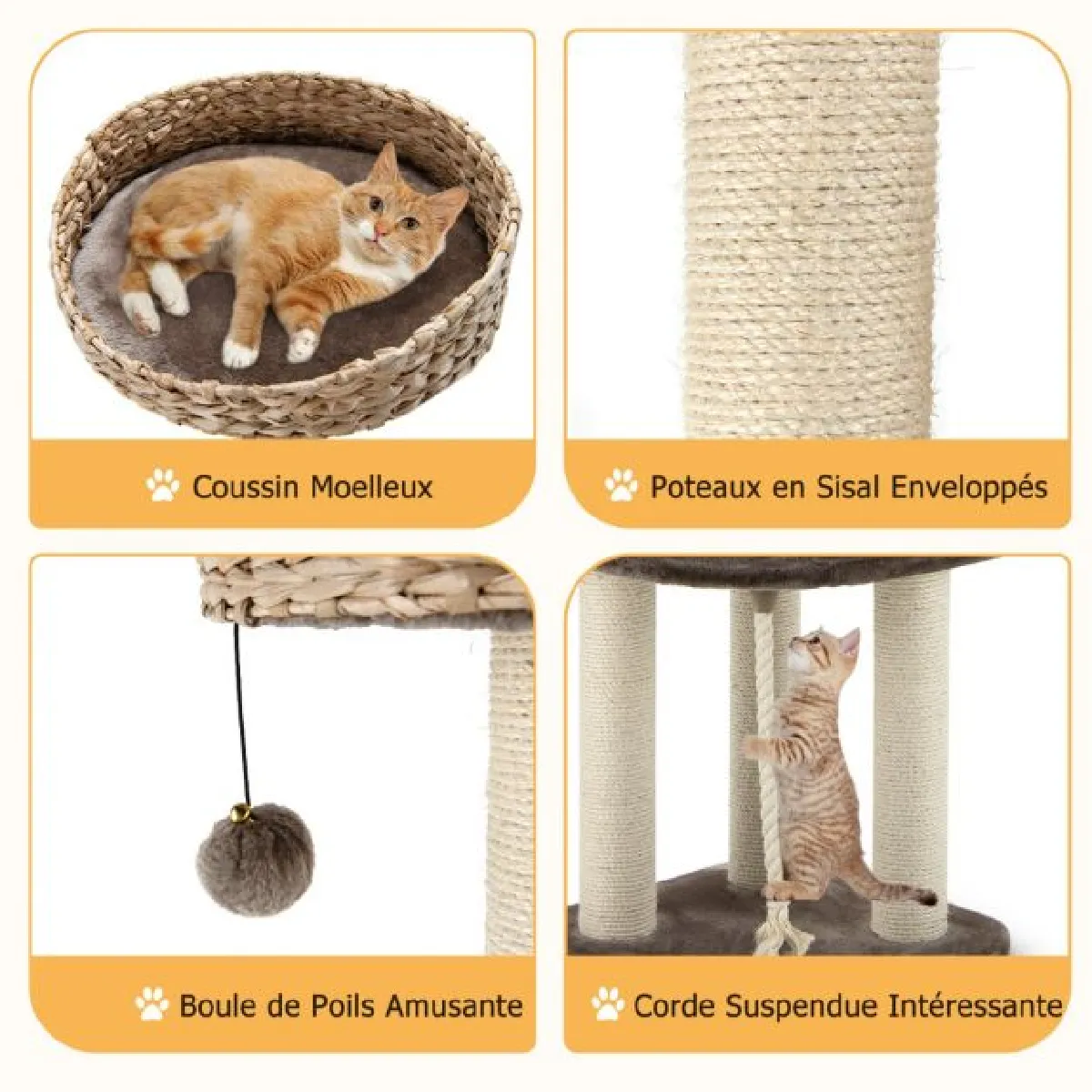 Meilleurs prix pour Arbre à chat 45 x 45 x 104 cm avec pompon suspendu corde et griffoirs enveloppés de sisal naturel pour chat/chaton 20_0001609