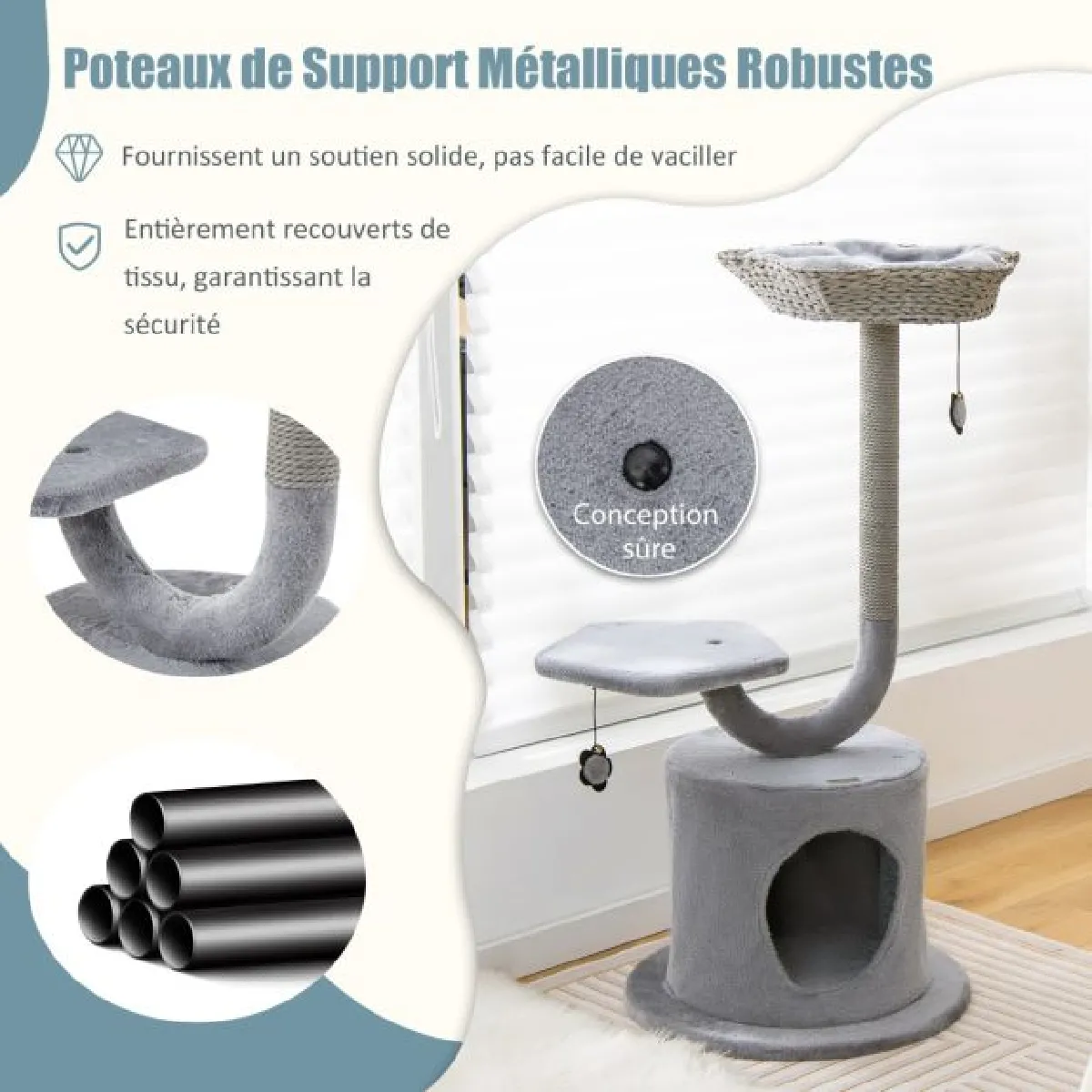 Comparer les prix de Arbre à chat 106 cm perchoir condo et 2 balles suspendues tour à chat poteaux de soutien en métal et coussin amovible gris 20_0001597