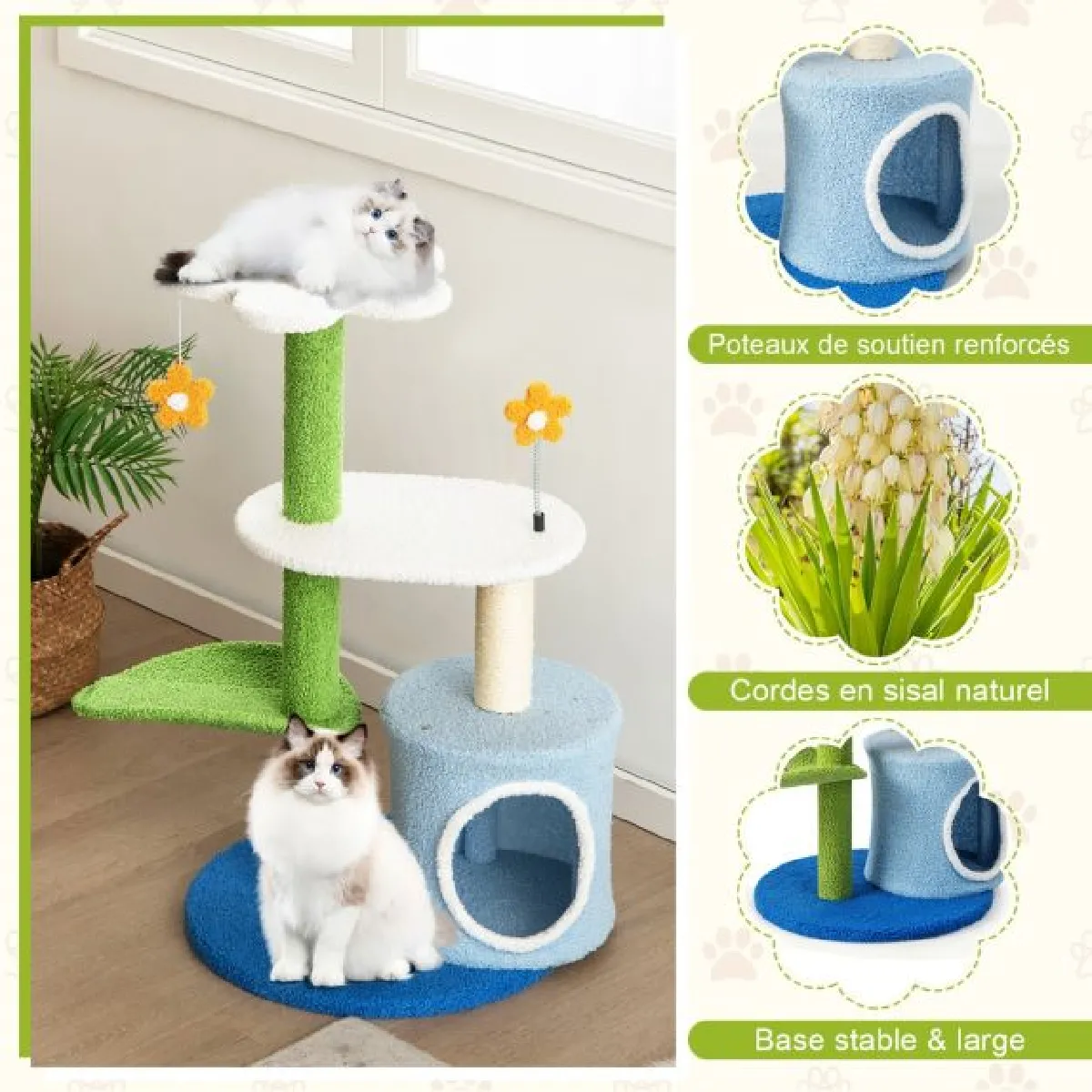 Meilleurs prix pour Arbre à chat en forme de fleur 87 cm avec niche et griffoirs en sisal naturel tour à chat 5 niveaux avec boules de peluche 20_0005402