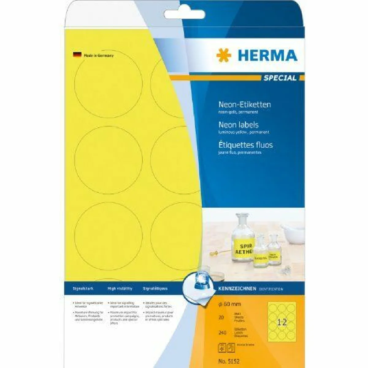 HERMA  5152 &Eacute;tiquettes rondes 60 mm A4 - Jaune fluo