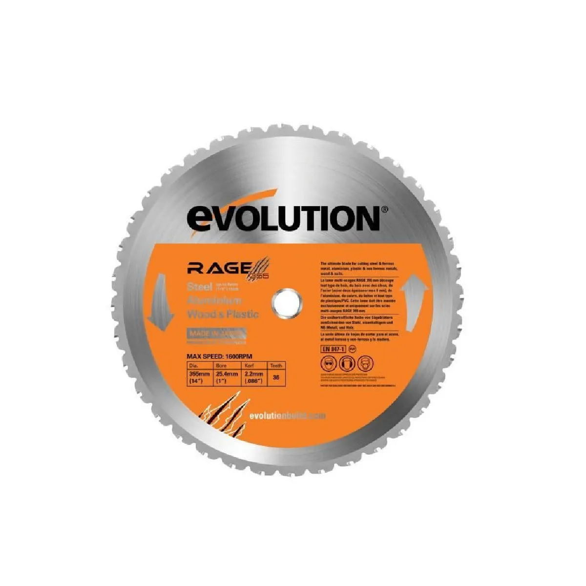 Evolution Multi-Material Chop Saw Blade 355 x 25.4mm x 36T R355TCT-36MS