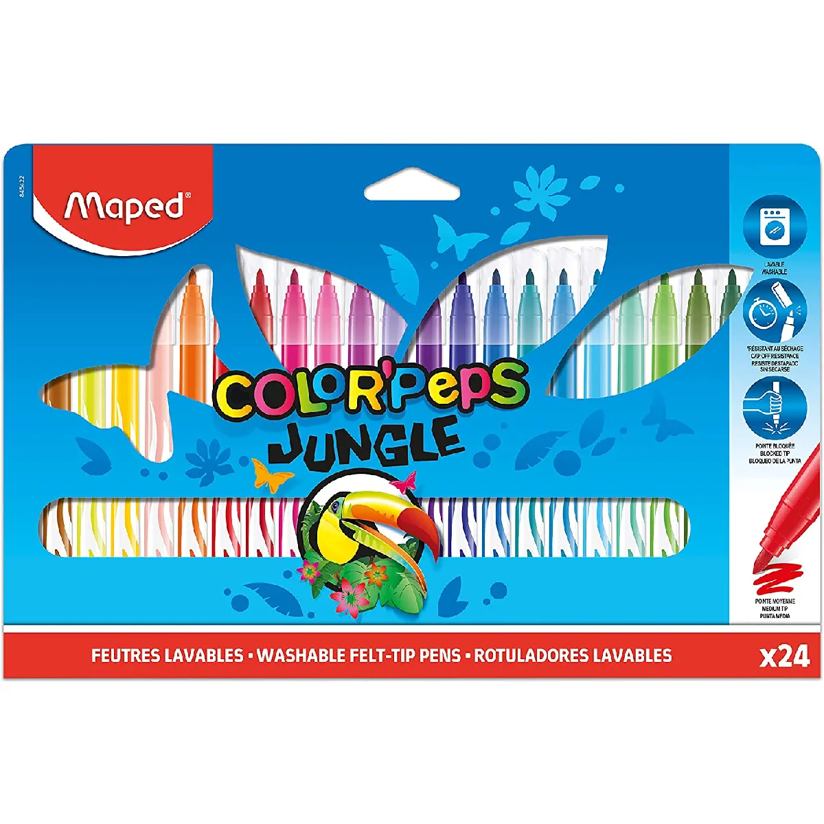Maped Feutres Jungle Color’Peps 24 Feutres de Coloriage Lavables et Résistants au Séchage Pointe Moyenne Bloquée Couleurs Vives Idéal Fournitures Rentrée Scolaire Pochette Carton - vue 9