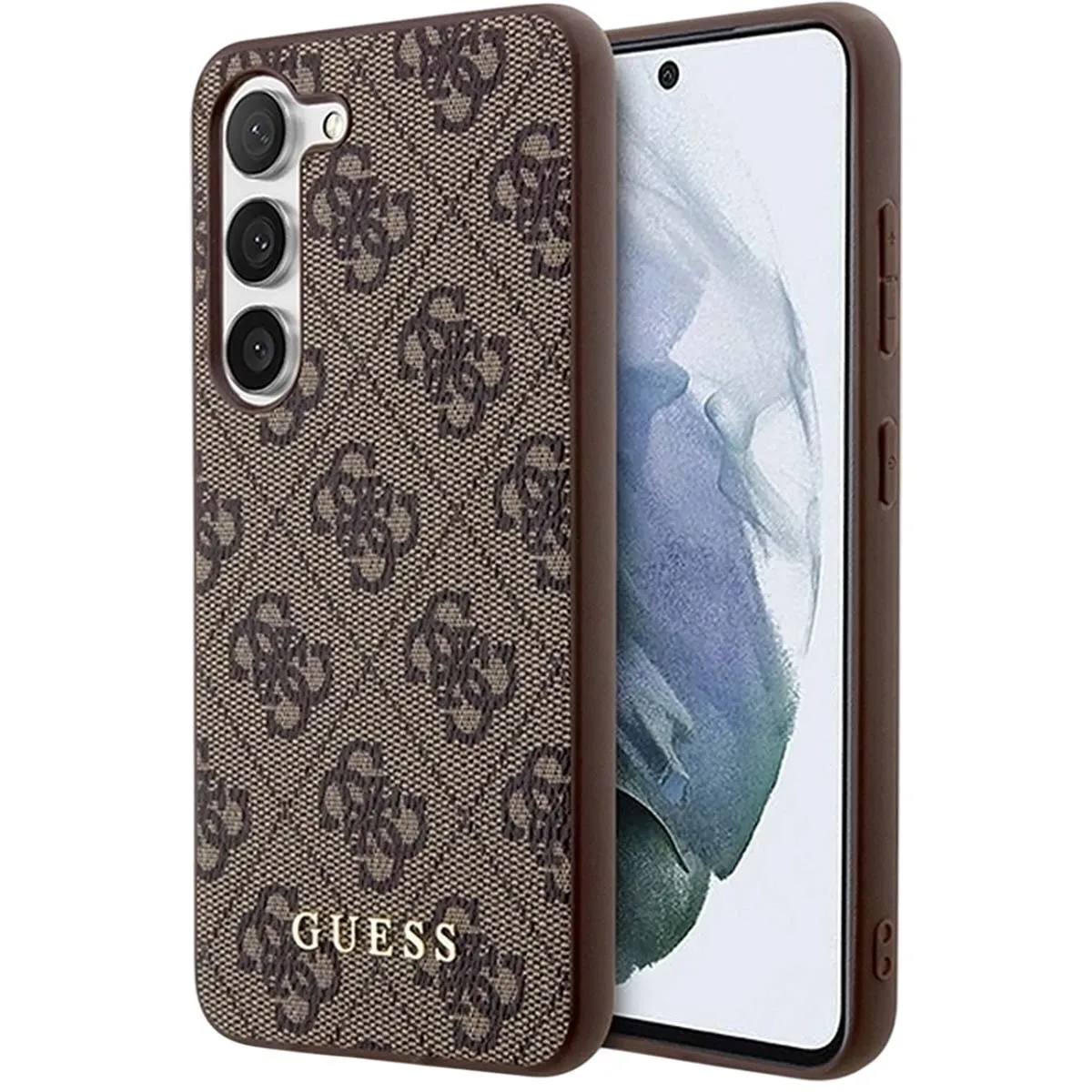 Guess Coque pour Samsung Galaxy S23 en TPU avec Motif 4G et Logo en Métal Marron
