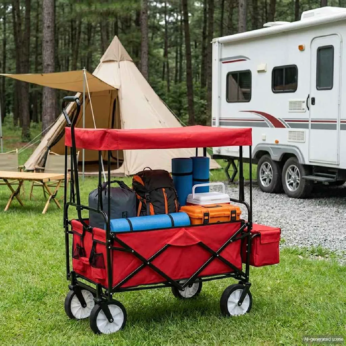 Non Communiqué Rouge Chariot À Main Pliable Avec Toit Acier - Image 3