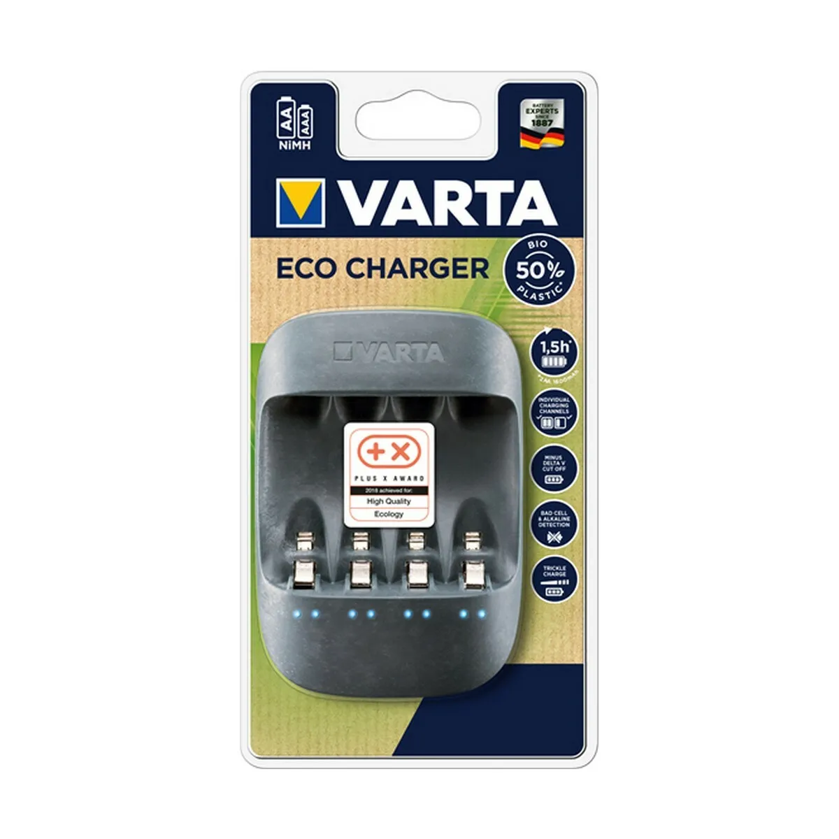 VARTA Chargeur de Piles incl. 4X AA 2100mAh chargeur pour piles AAAAA rechargeables Eco Charger chargement à un seul emplacement fabriqué avec 50% de matière bioplastique