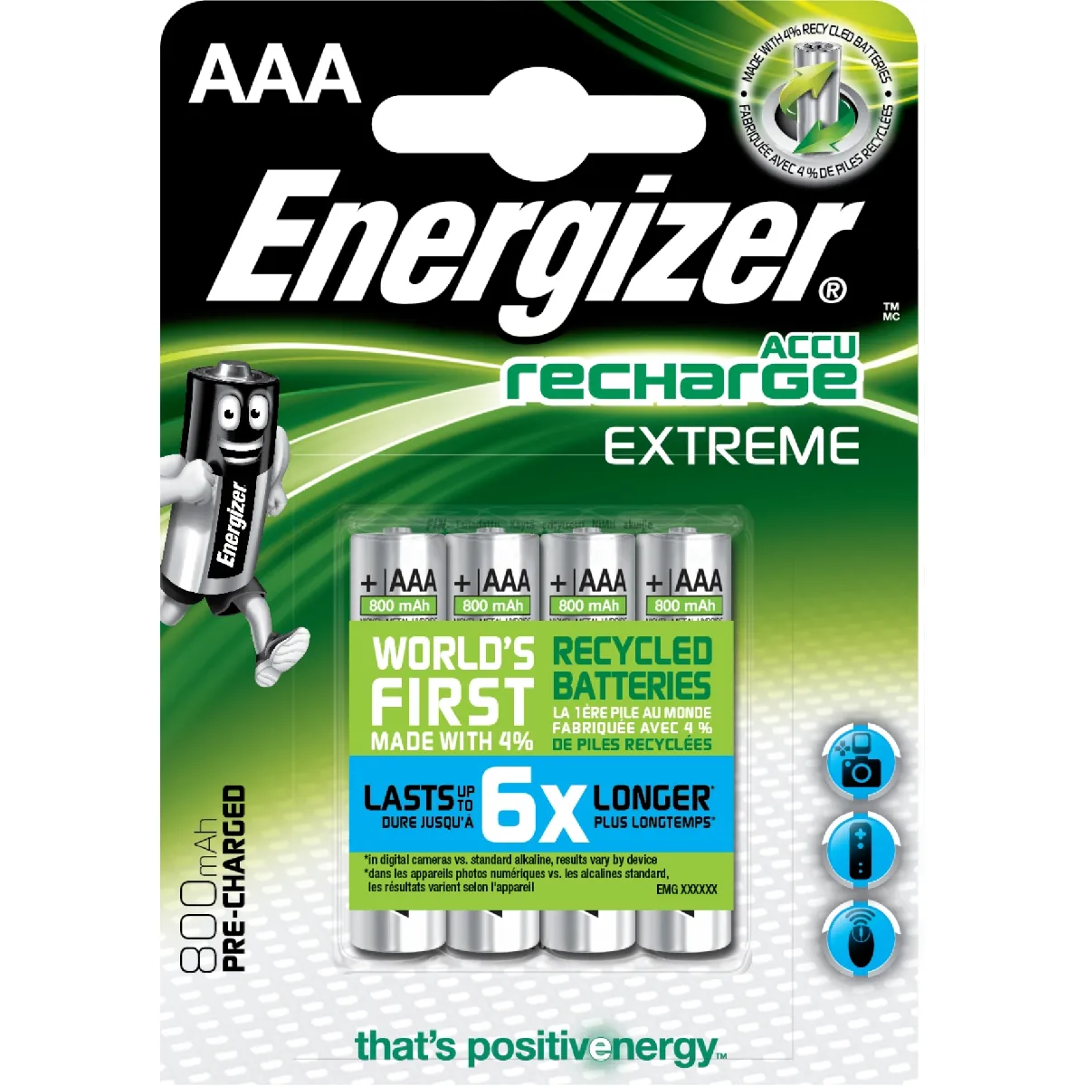 Energizer 4 piles rechargeables lr03aaa accu recharge extreme - vue 3
