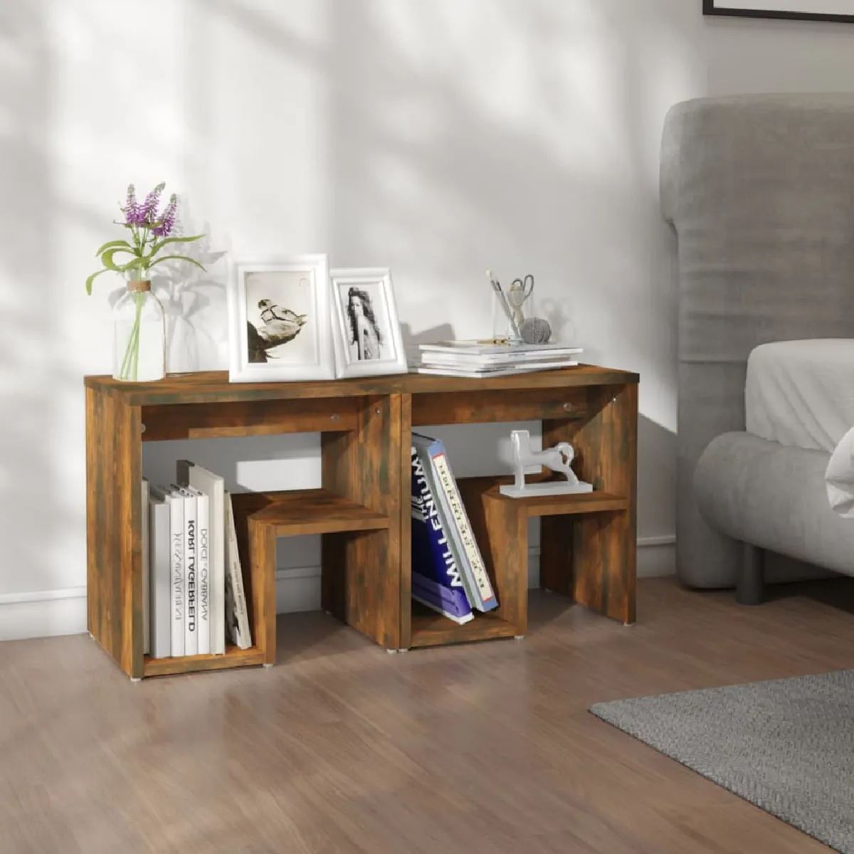 vidaXL Tables de Chevet 2 pcs Chêne Fumé - vue 7