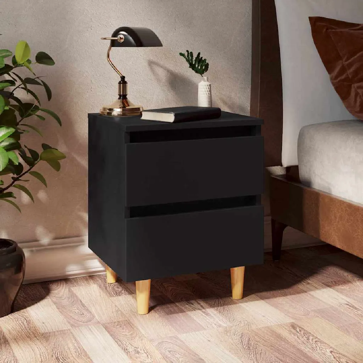 Non Communiqué Noir Tables De Chevet Avec Pieds En Pin 2 Pcs 40X35x50 Cm - Image 2