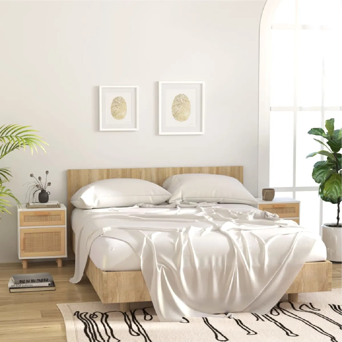 Vidaxl Blanc Tables De Chevet 2Pcs Bois De Pin Massif Et Rotin Naturel - Image 2