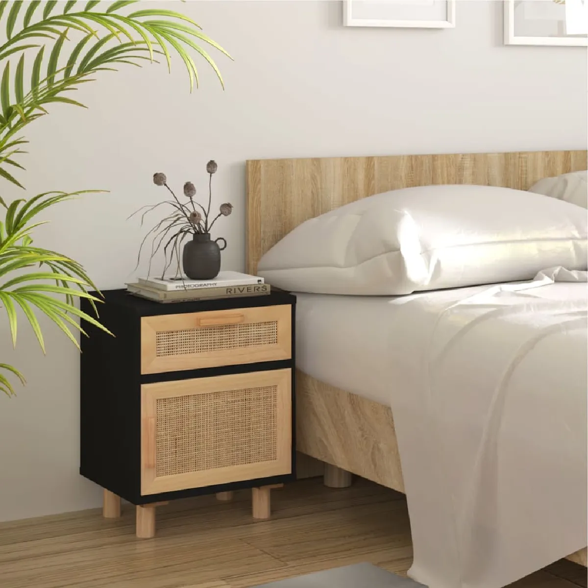 Vidaxl Noir Table De Chevet Bois De Pin Massif Et Rotin Naturel - Image 2