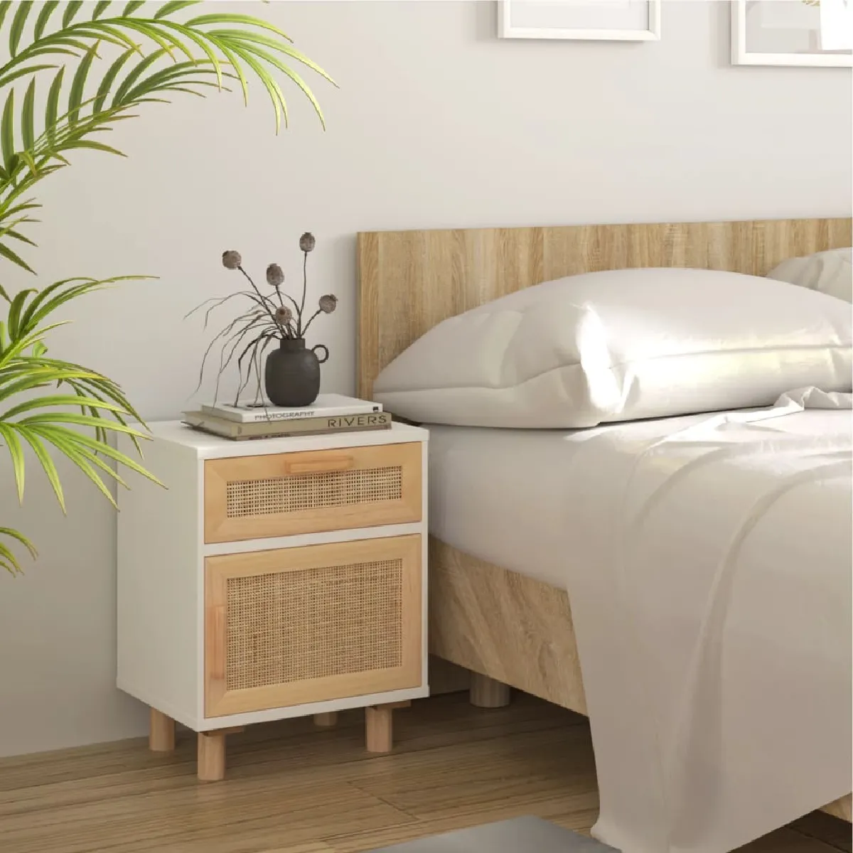 Vidaxl Blanc Table De Chevet Bois De Pin Massif Et Rotin Naturel - Image 2