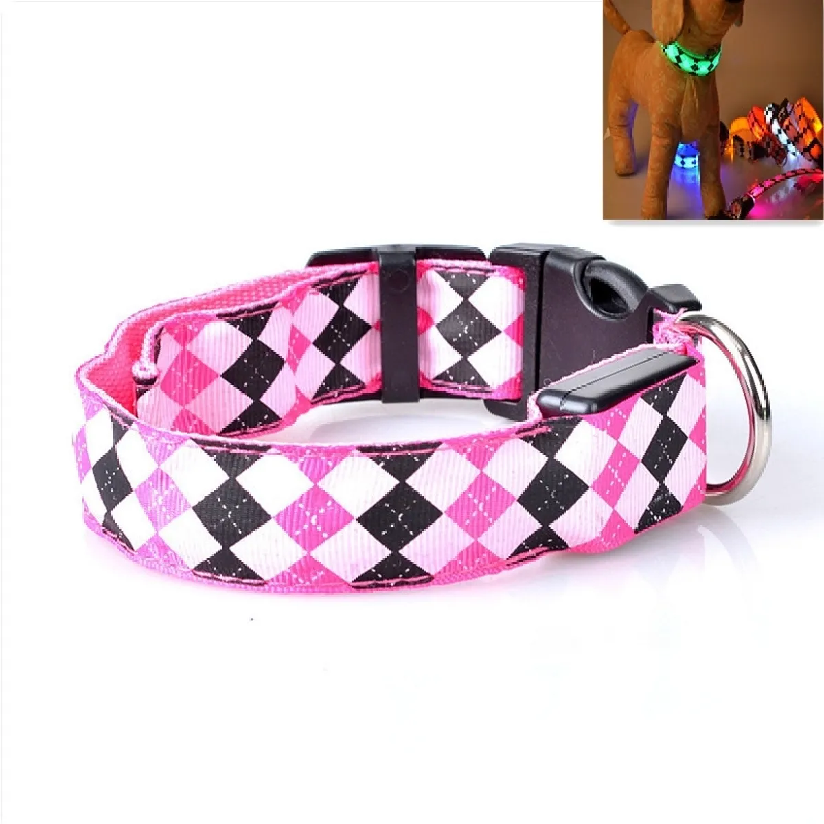 Meilleurs prix pour Motif à carreaux Rechargeable LED Glow Light Leads Collier pour chien de compagnie petits chiens moyenstaille XL rose