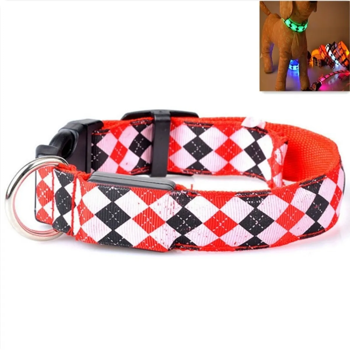 Meilleurs prix pour Motif à carreaux Rechargeable LED Glow Light Leads Collier pour chien de compagnie petits chiens moyenstaille S rouge
