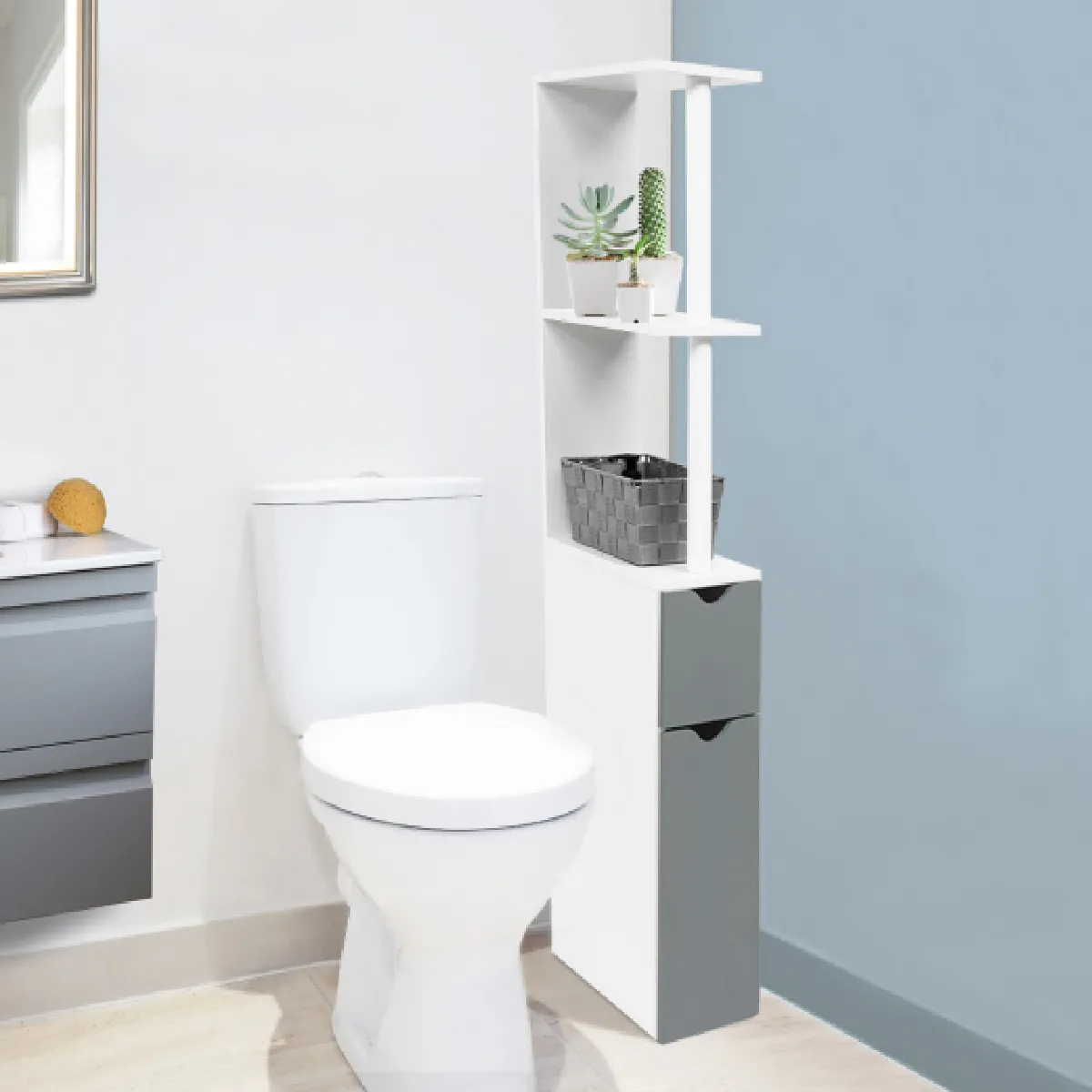 Meuble WC étagère bois WILLY - Blanc et gris