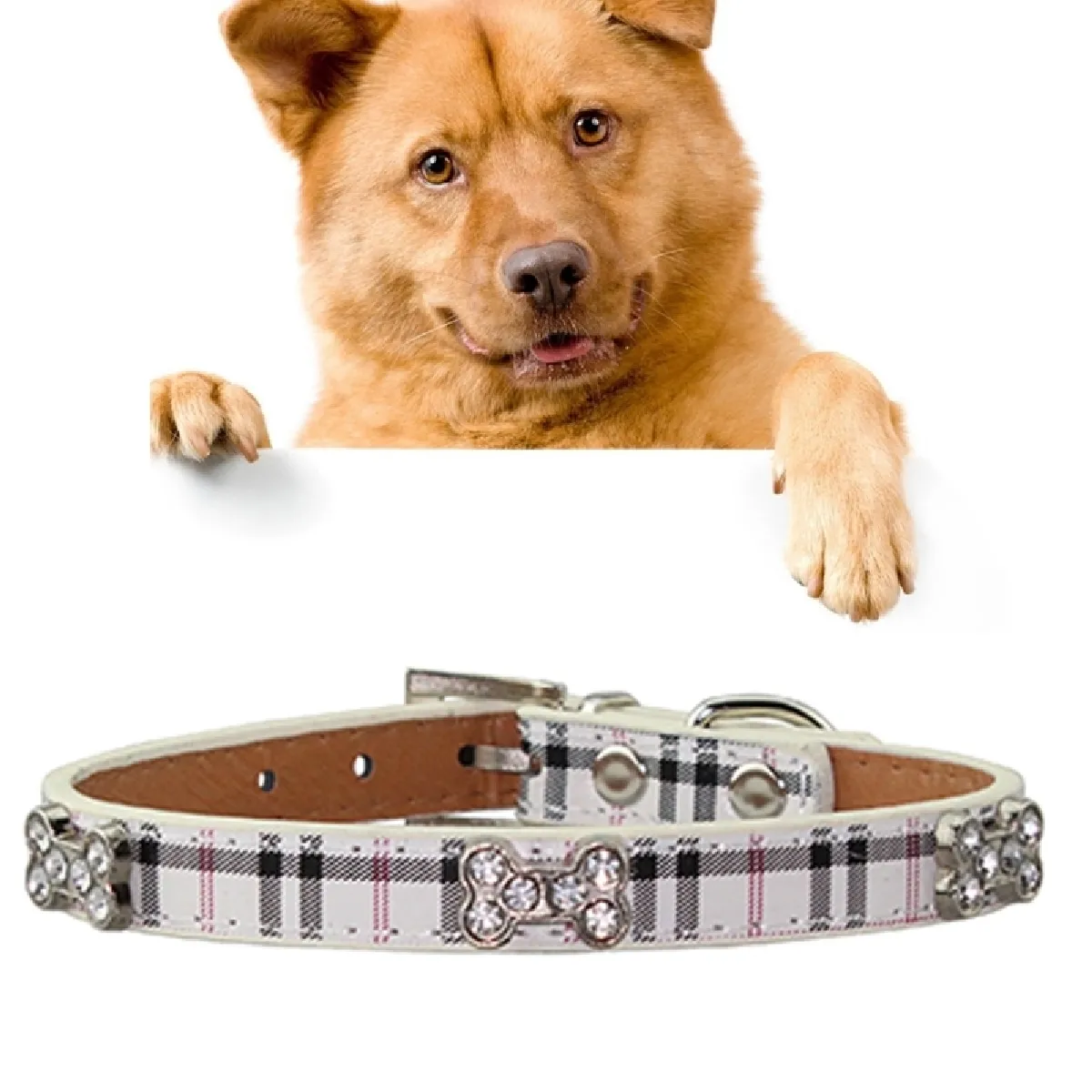 Meilleurs prix pour Collier Chien & Chat Beige Cuir PU avec des conceptions d'os Pet Dog Collar Products, Taille: S, 1.5 * 37 cm